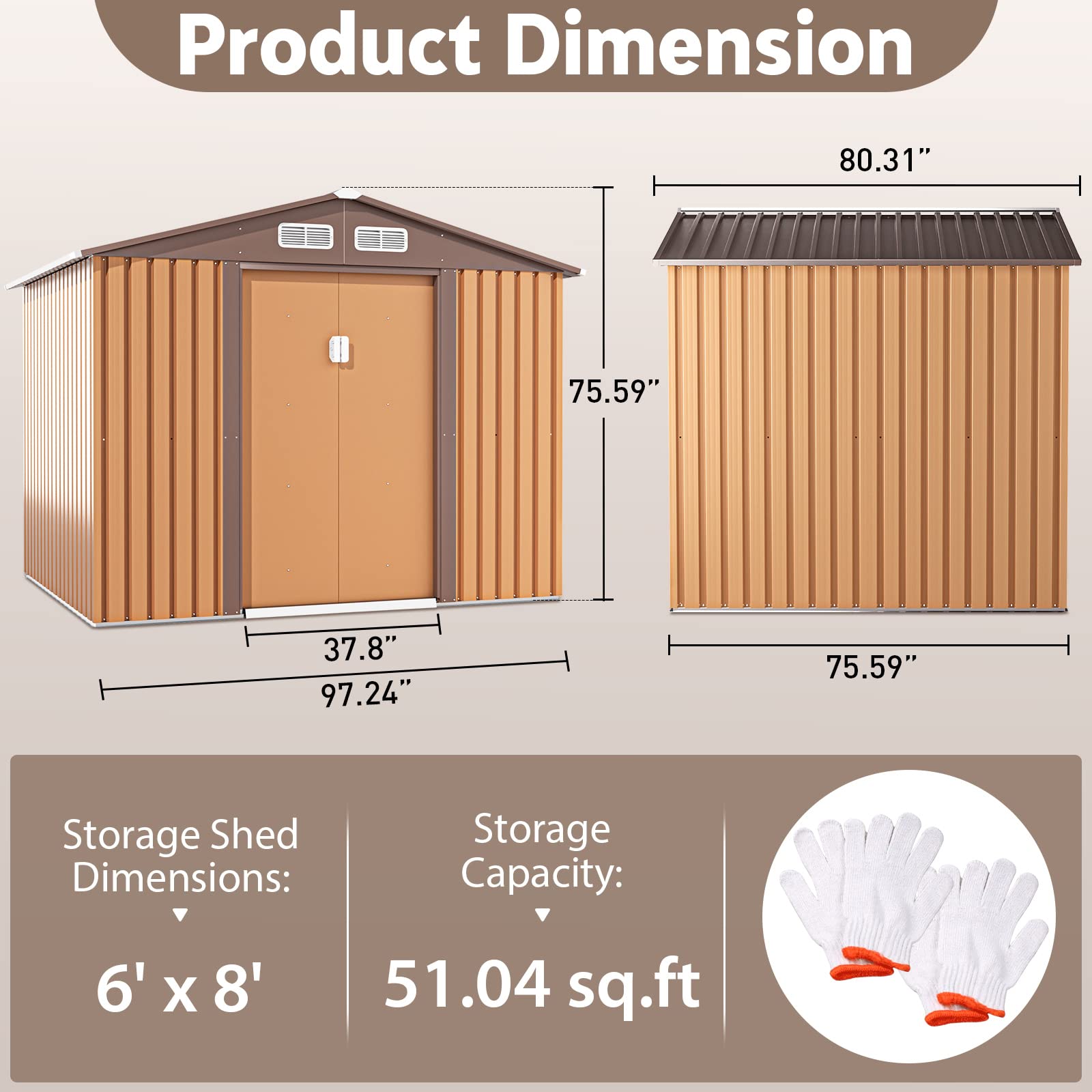 JAXPETY Cobertizo de Jardín y Almacenamiento Exterior de 6×8 Pies – Cobertizo Metálico para Herramientas con Puertas Corredizas para Patio, Jardín o Exteriores – Color Coffee