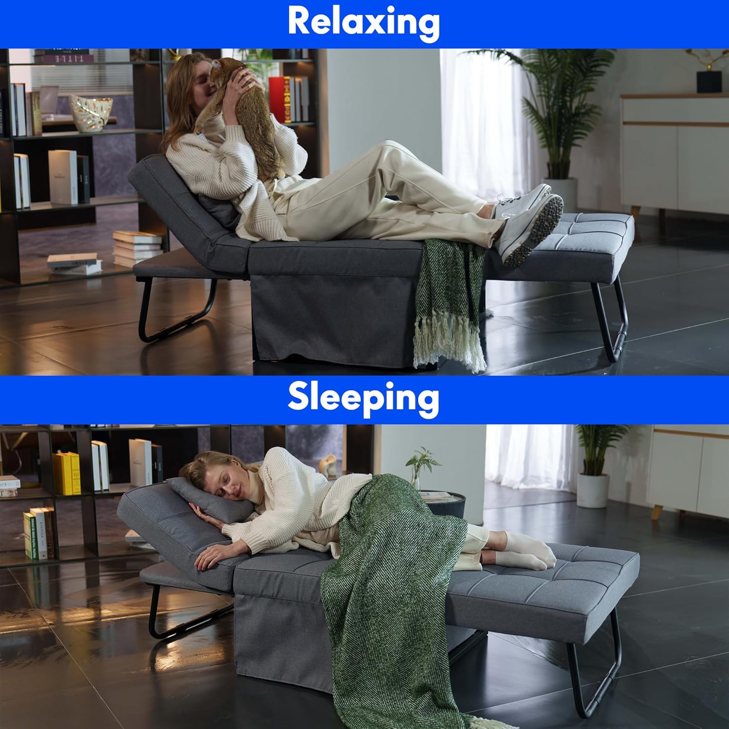 FLEXISPOT Sofa Bed Extendable Folding Sleeping Chair with Bed Function, Chair Beds with Function, Convertible Bed Chair, Load Capacity 300 kg, Grey
