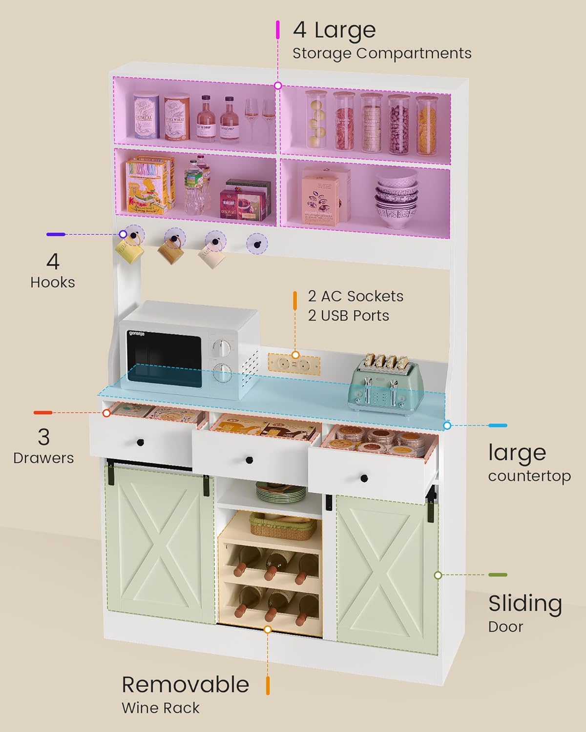 Armario de cocina, Armario Aparador Cocina con LED, Enchufes, Armario Buffet, Estante de vino extraíble, 3 Cajones, Estantes ajustables, Cocina, Sala de estar, Comedor, 103.5*40*180 cm, Negro