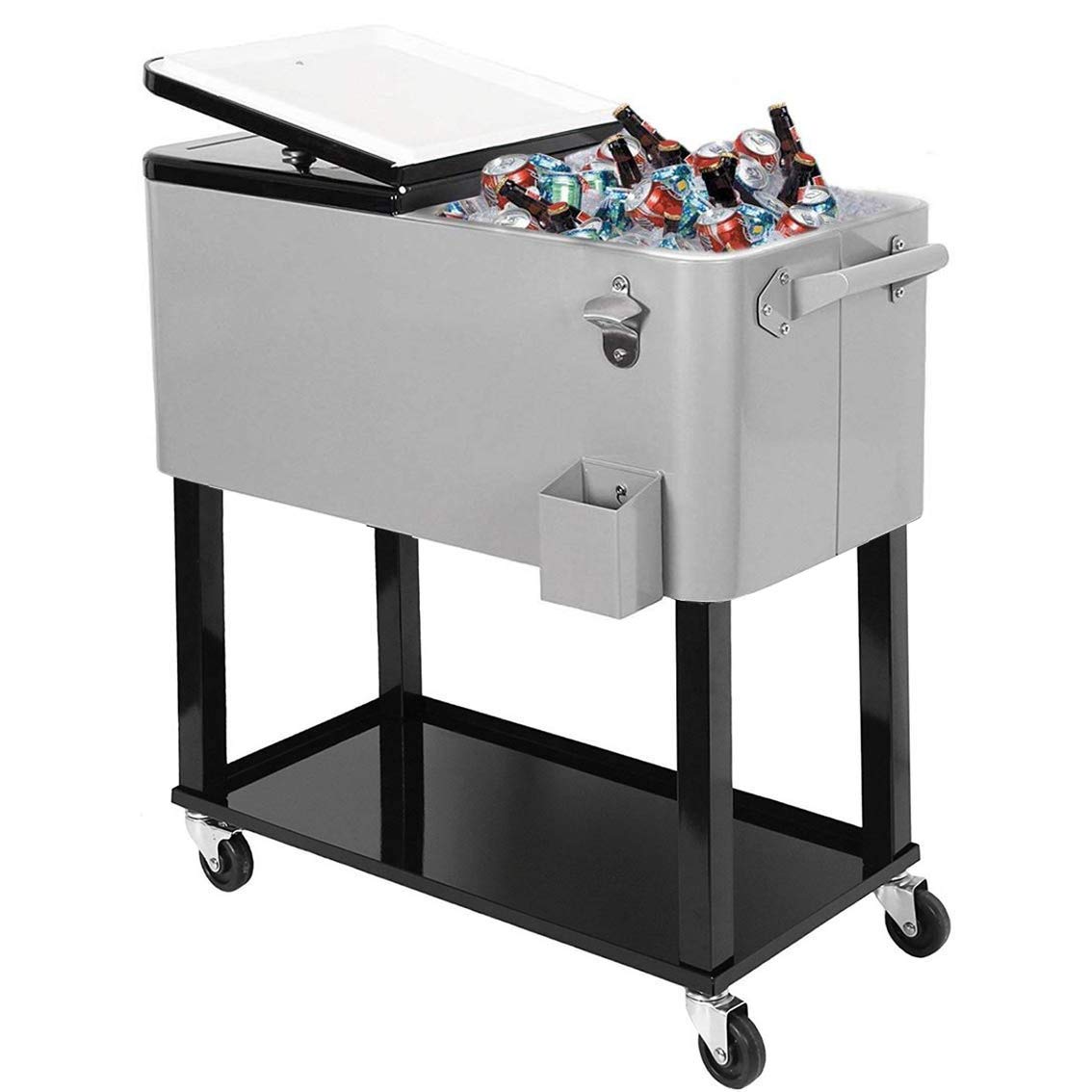 Enfriador con ruedas de 80 cuartos / 20 galones para patio al aire libre, gris, carrito portátil para bebidas frías con estante, soporte y abridor de botellas
