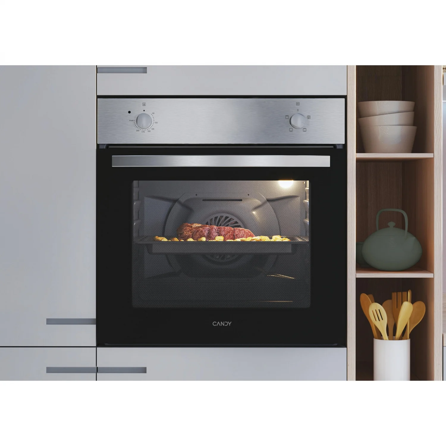Horno Convencional Candy FIDCP X200, 2100 W, 70 L, Apertura Abatible, 3 Funciones de Cocción, Eficiencia A - Inox