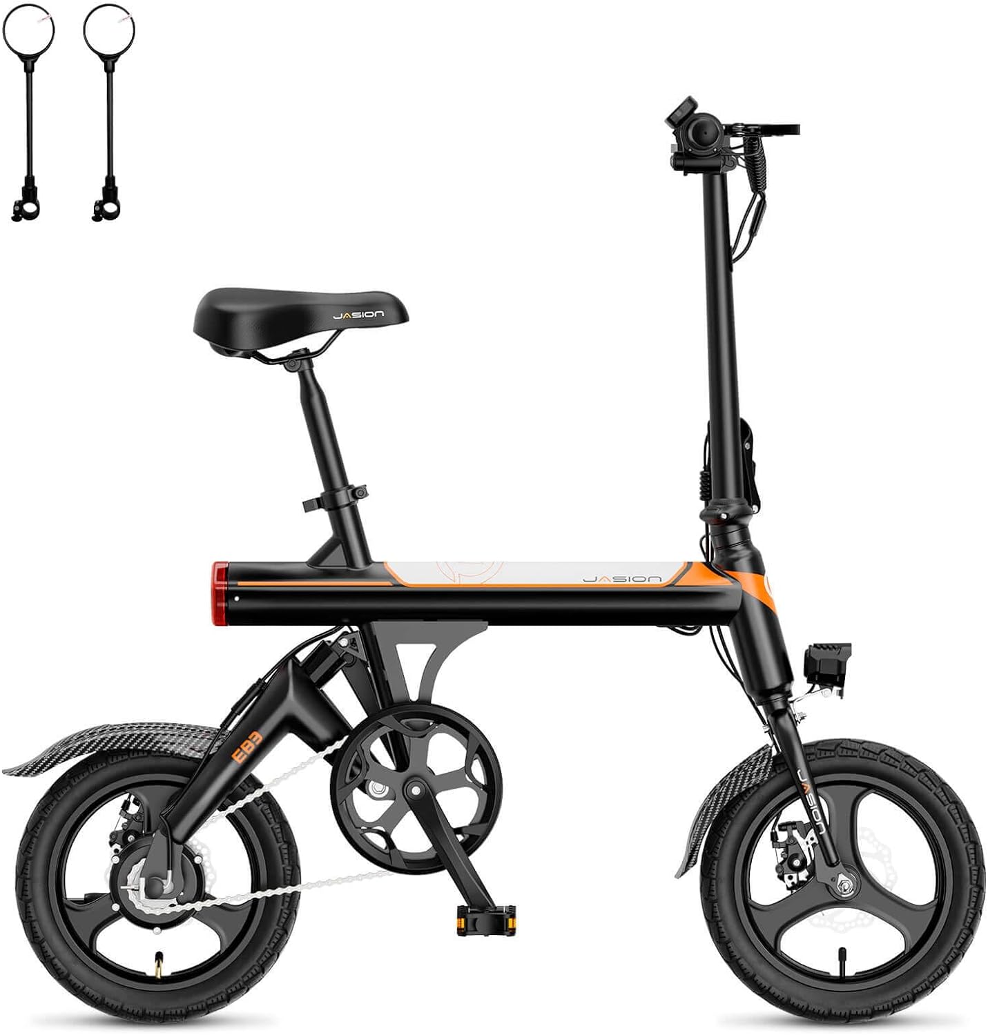 Jasion EB3 Bicicleta Eléctrica para Adultos – 21 mph, Motor Pico de 500W, Batería de 270Wh, Suspensión Trasera, 3 Niveles de Asistencia, Ebike Plegable de 14″ para Adultos y Adolescentes – Cumple con UL2849