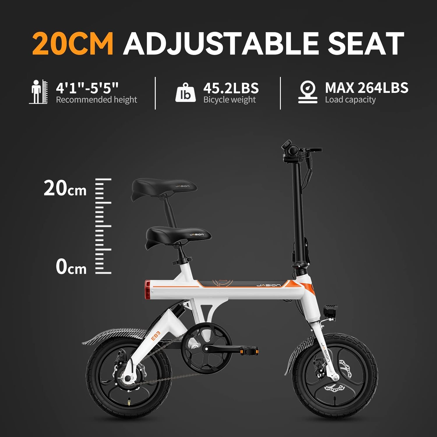 Jasion EB3 Bicicleta Eléctrica para Adultos – 21 mph, Motor Pico de 500W, Batería de 270Wh, Suspensión Trasera, 3 Niveles de Asistencia, Ebike Plegable de 14″ para Adultos y Adolescentes – Cumple con UL2849