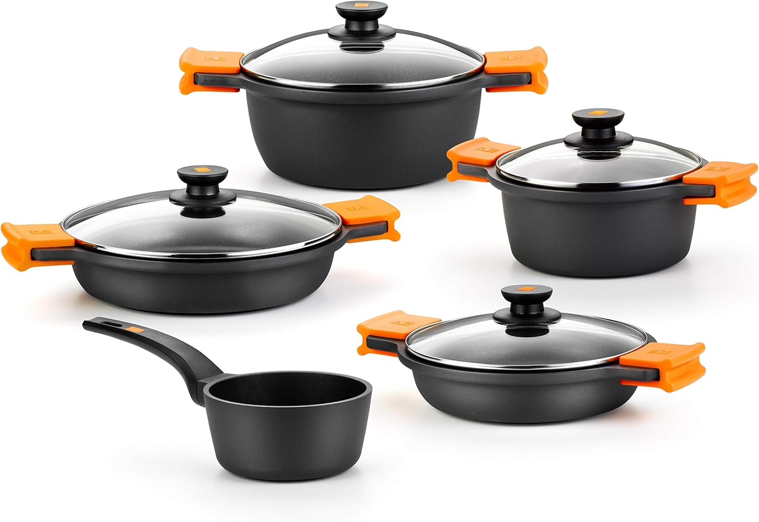 BRA Efficient 9-Piece Non-Stick Cast Aluminium Battery, Suitable for All Types of Cookers and Induction (Contains 4 Saucepans and 1 Saucepan + 4 Lids)