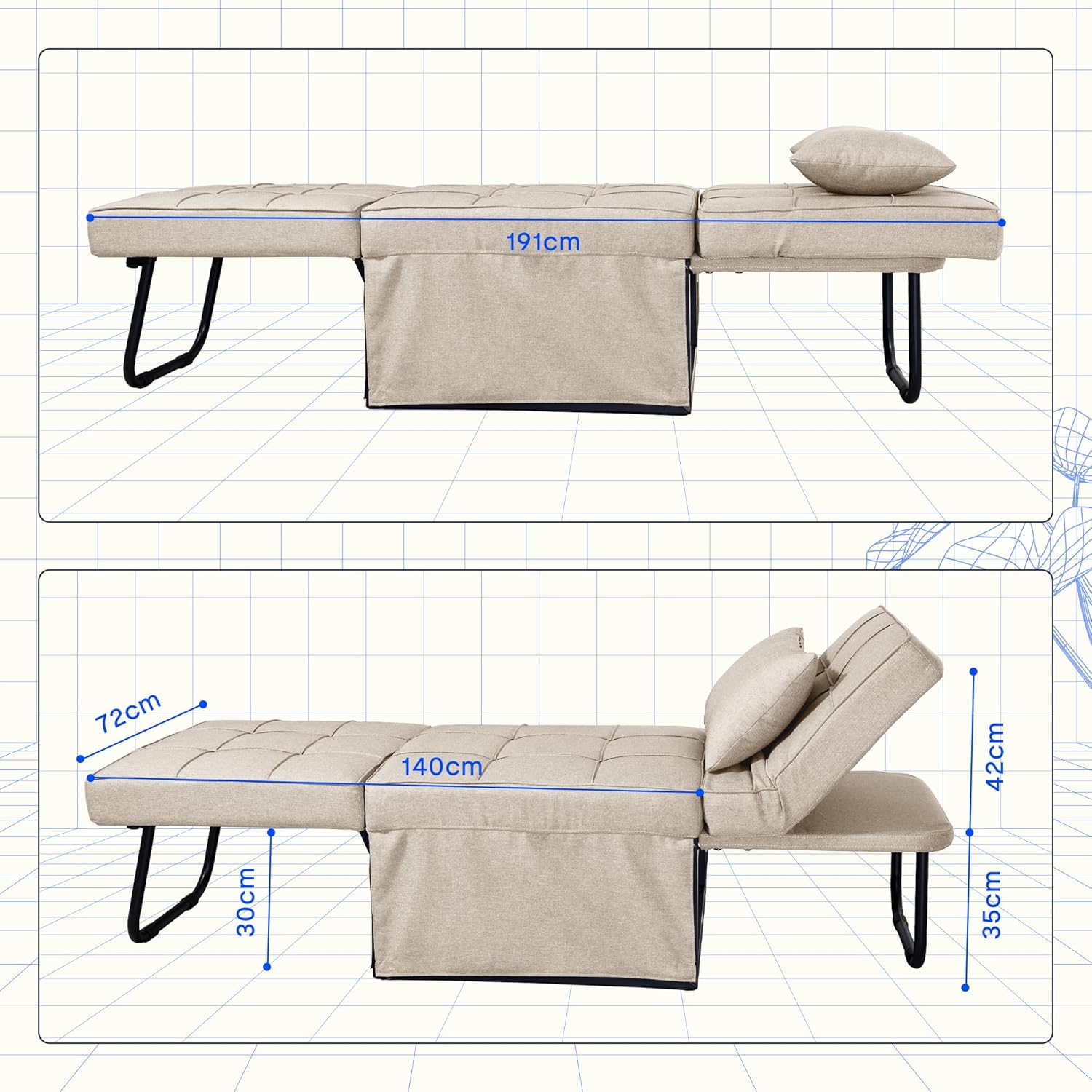 FLEXISPOT Sofa Bed Extendable Folding Sleeping Chair with Bed Function, Chair Beds with Function, Convertible Bed Chair, Load Capacity 300 kg, Grey