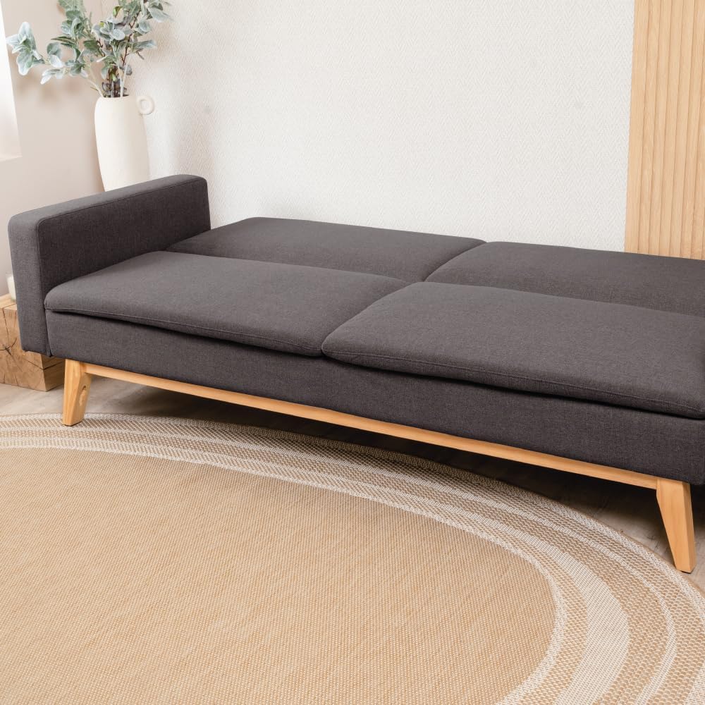 Don Descanso, Sofá Cama 3 plazas Reine, Tapizado en Tela, Sistema Apertura de Libro o Clic-clac, Medida sofá: 201x73x79 cm, Medida Cama: 201x99x42 cm, Incluye 2 Cojines, Gris Claro