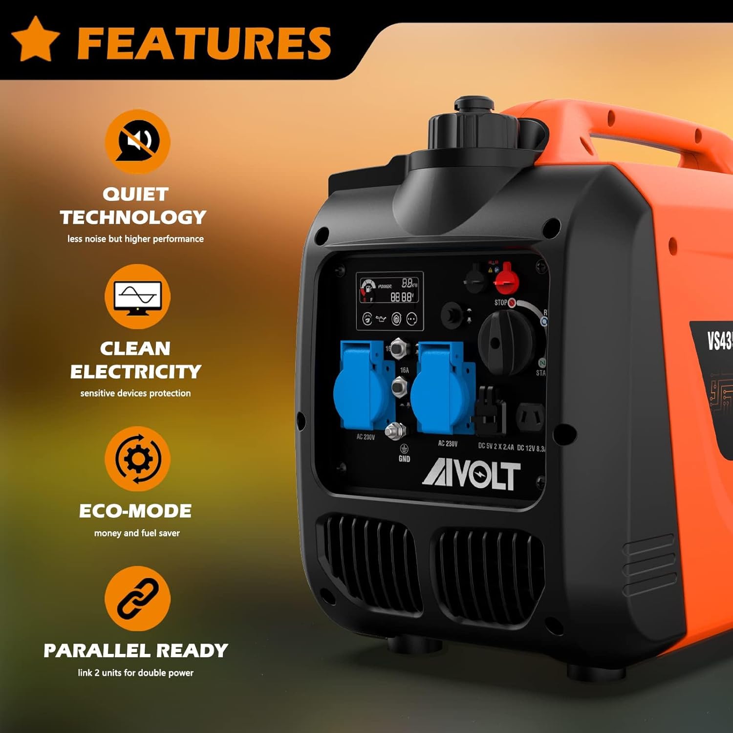AIVOLT Silent Gasoline Inverter Generator 1400W with Outputs AC 230V/DC 12V/USB Type-A and Tank 2.5L - Portable for Outdoor Camping
