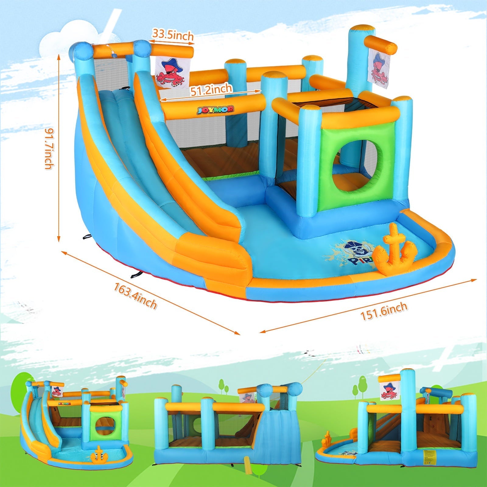 JOYMOR Parque Acuático Inflable con Tobogán – Casa Saltarina Temática de Piratas con Curso de Obstáculos, Cañón de Agua, Piscina de Chapoteo y Castillo Inflable para Exterior – Para Niños de 3 a 12 Años (Incluye Soplador)