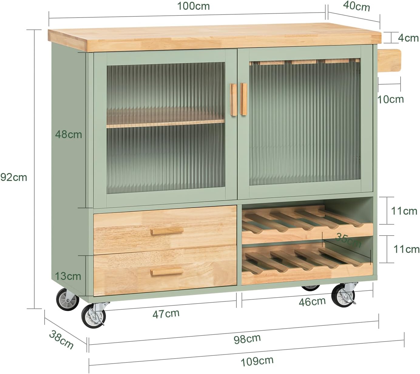 SoBuy FSB81-GR Kitchen Sideboard for Microwave Buffet for Dining Room Entrance Living Room with 2 Doors 2 Drawers and 1 Open Compartment Green 120 x 40 x 90 cm ES