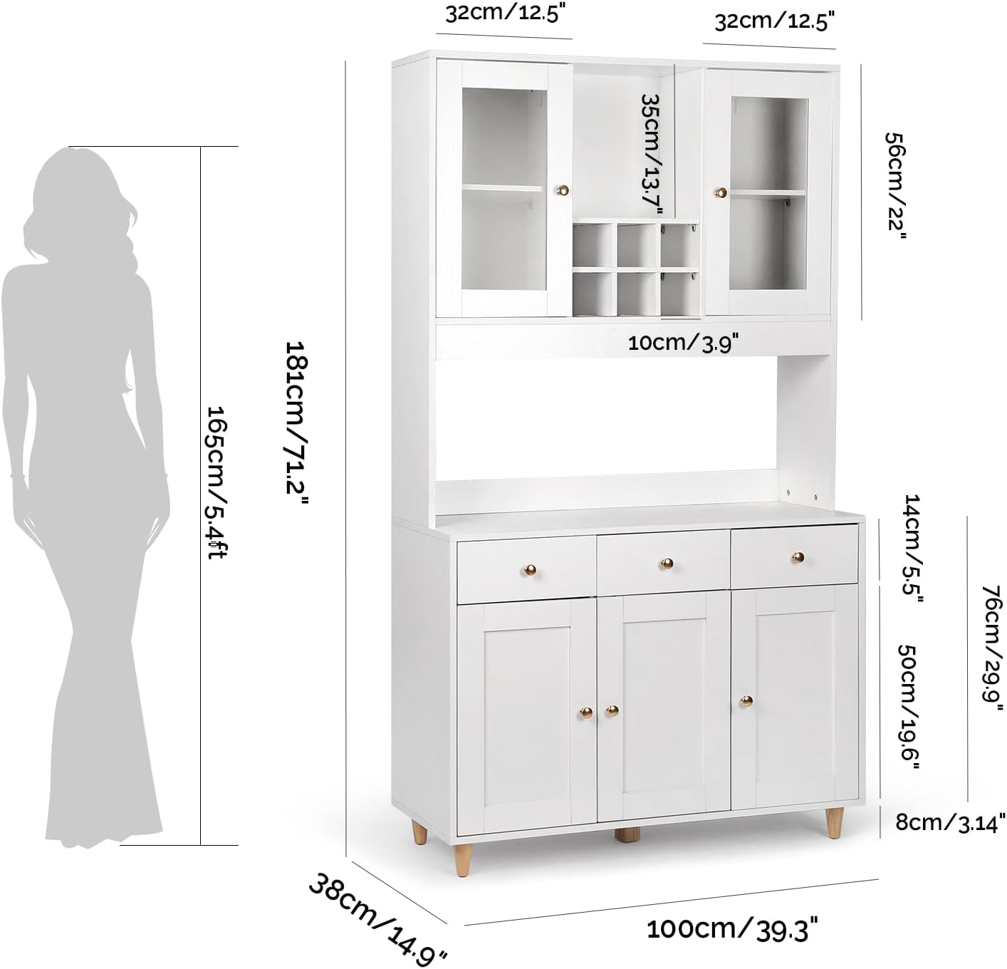 VOWNER Armario Aparador Cocina/Buffet, 100L x 38W x 181H cm, Mueble Auxiliar de Almacenaje, 5 Puertas y 5 Baldas Ajustables, Blanco