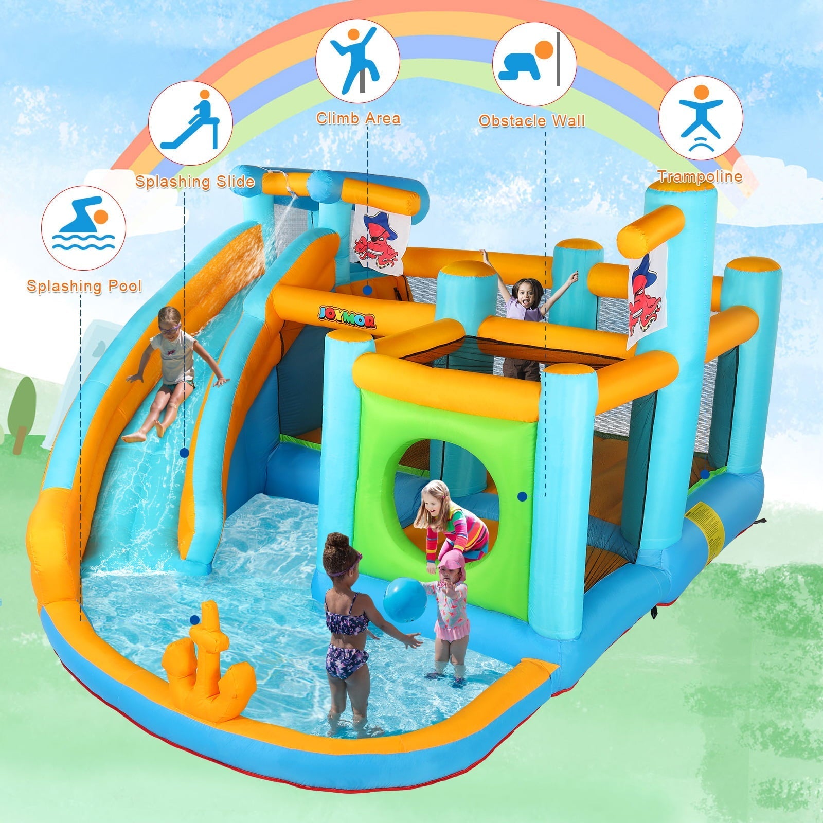JOYMOR Parque Acuático Inflable con Tobogán – Casa Saltarina Temática de Piratas con Curso de Obstáculos, Cañón de Agua, Piscina de Chapoteo y Castillo Inflable para Exterior – Para Niños de 3 a 12 Años (Incluye Soplador)