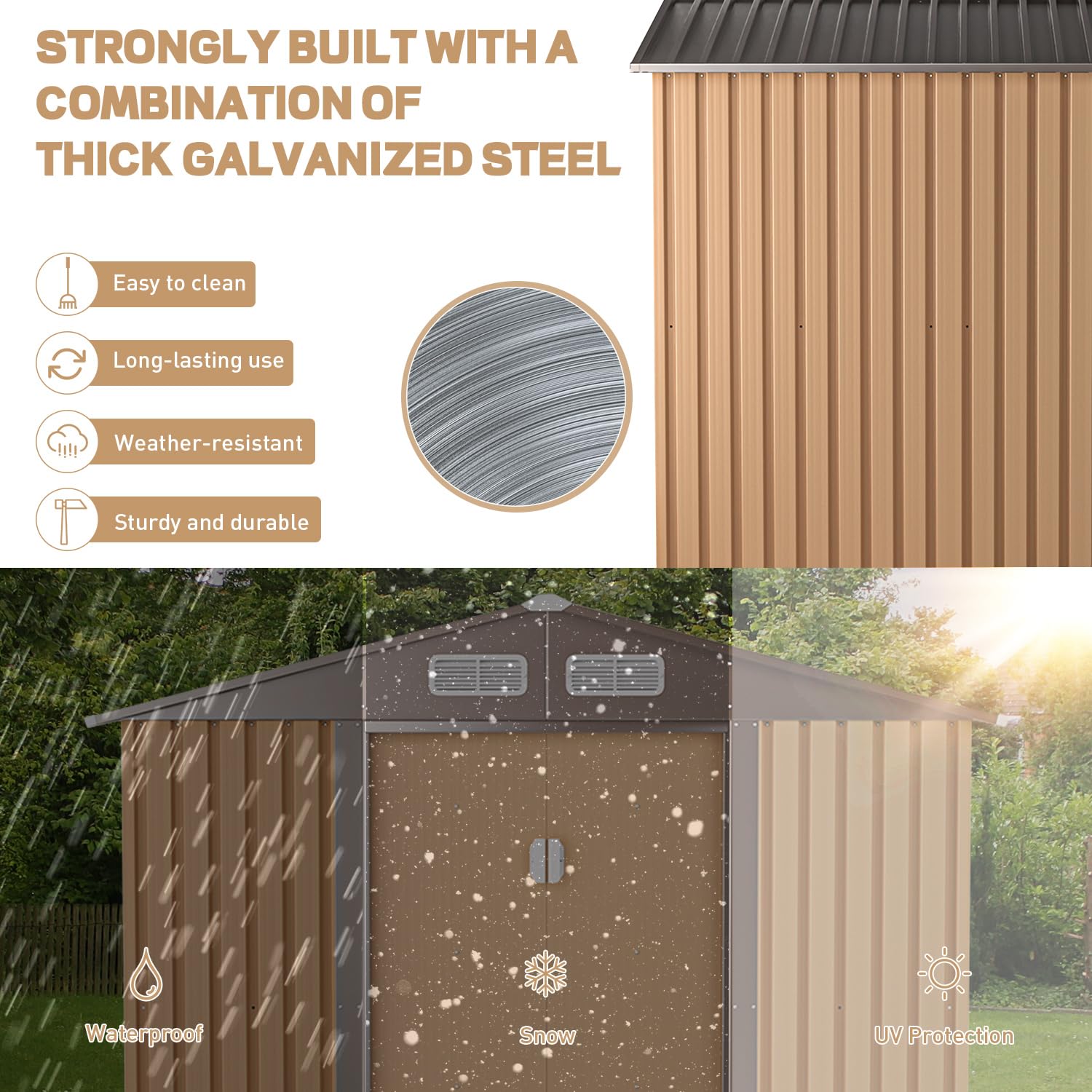 JAXPETY Cobertizo de Jardín y Almacenamiento Exterior de 6×8 Pies – Cobertizo Metálico para Herramientas con Puertas Corredizas para Patio, Jardín o Exteriores – Color Coffee