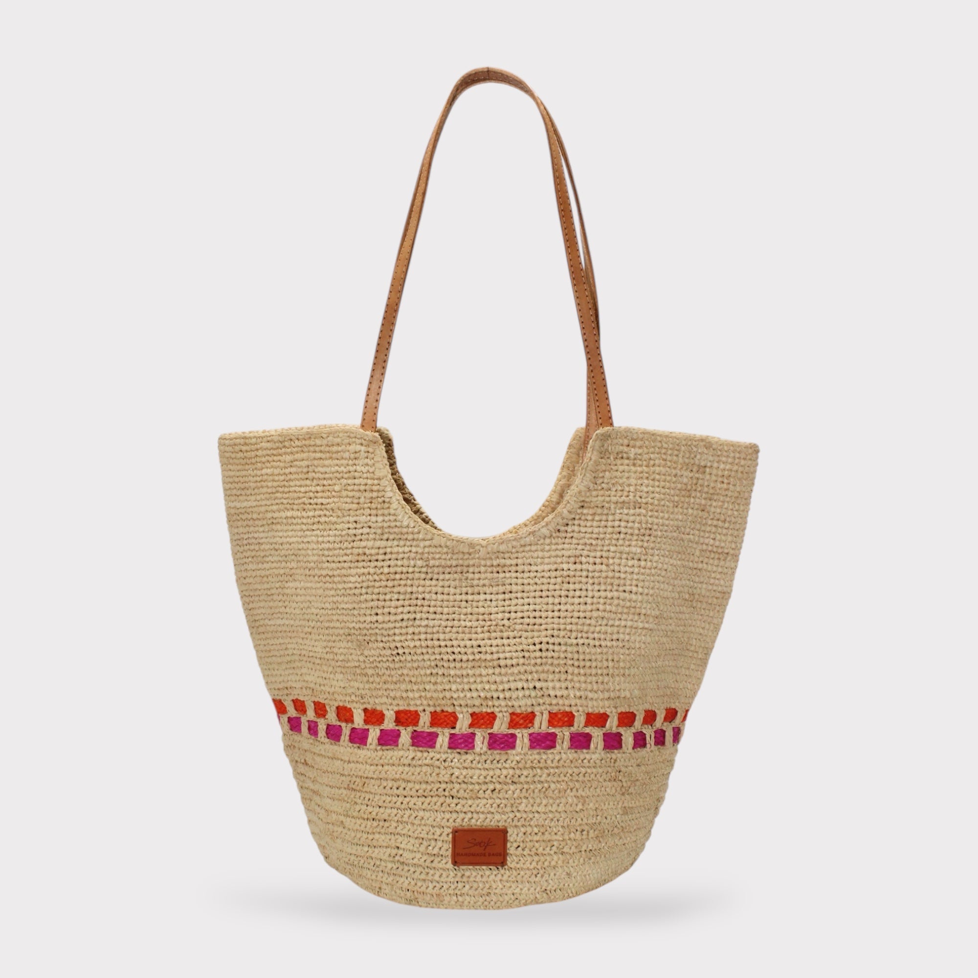 Zola - Handmade Natural Raffia Tote Bag - Fuchsia and Orange