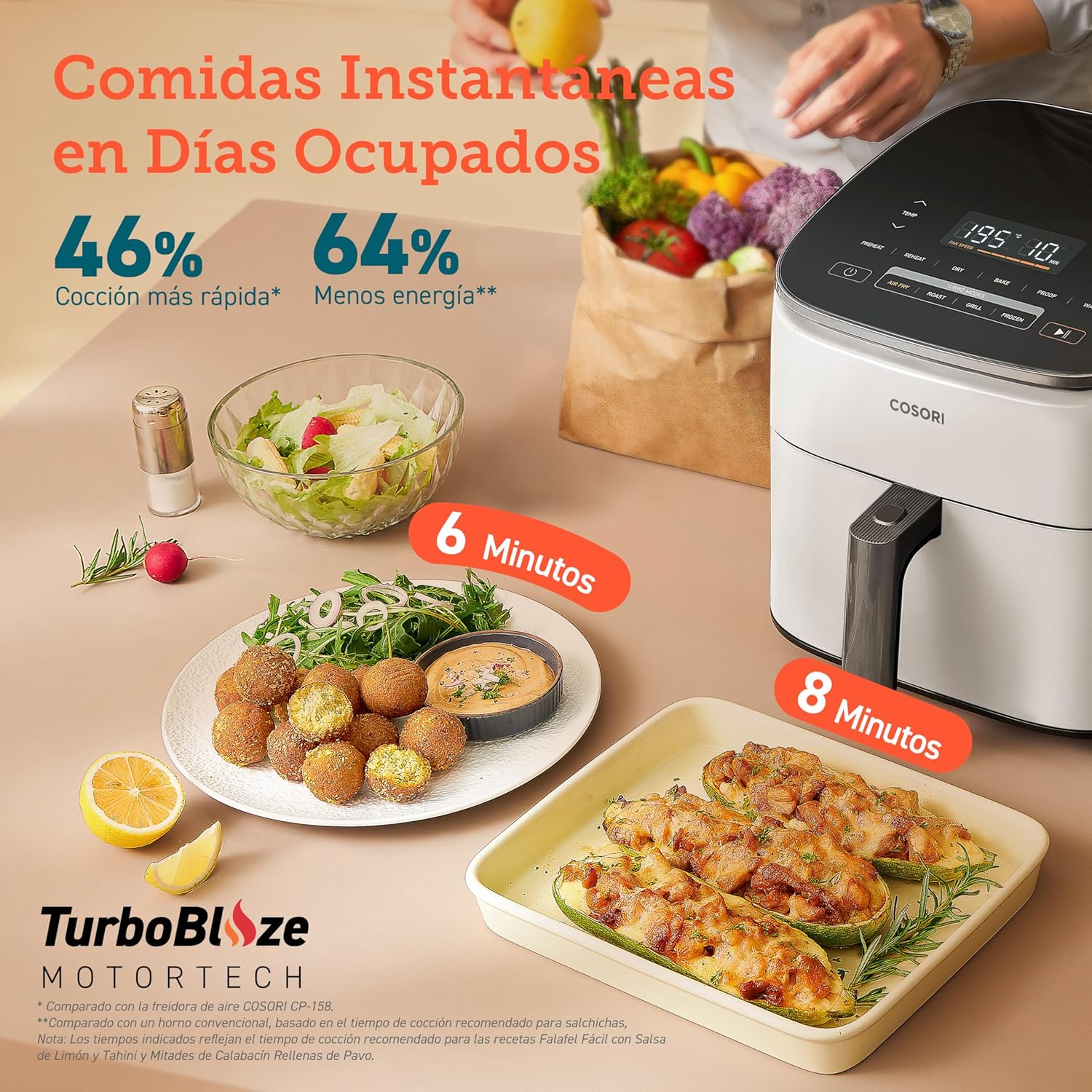 Cosori Turbo Blaze Freidora de Aire 6L, Interior Metálico Real, Motor DC Exclusivo, 46% Más Rápida, Temperatura 30°C a 230°C, Ideal para Asar Carnes, Programas Completo de Cocina, Silenciosa 27dB