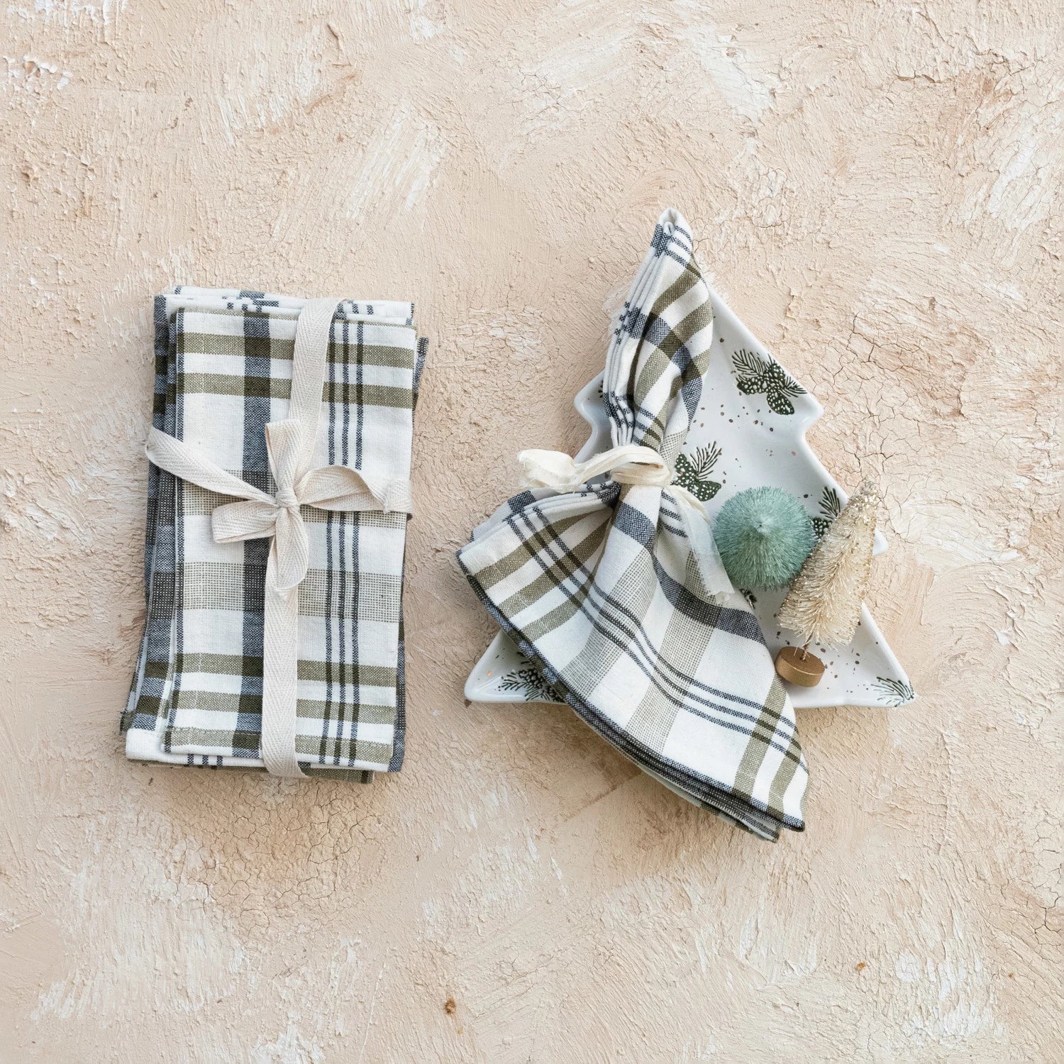 Stonewashed Cotton Napkins, White & Green Plaid