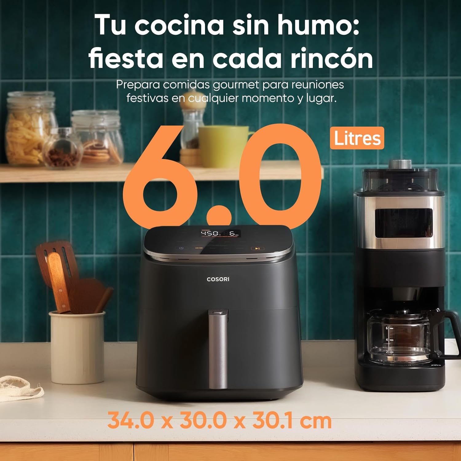 Cosori Turbo Blaze Freidora de Aire 6L, Interior Metálico Real, Motor DC Exclusivo, 46% Más Rápida, Temperatura 30°C a 230°C, Ideal para Asar Carnes, Programas Completo de Cocina, Silenciosa 27dB