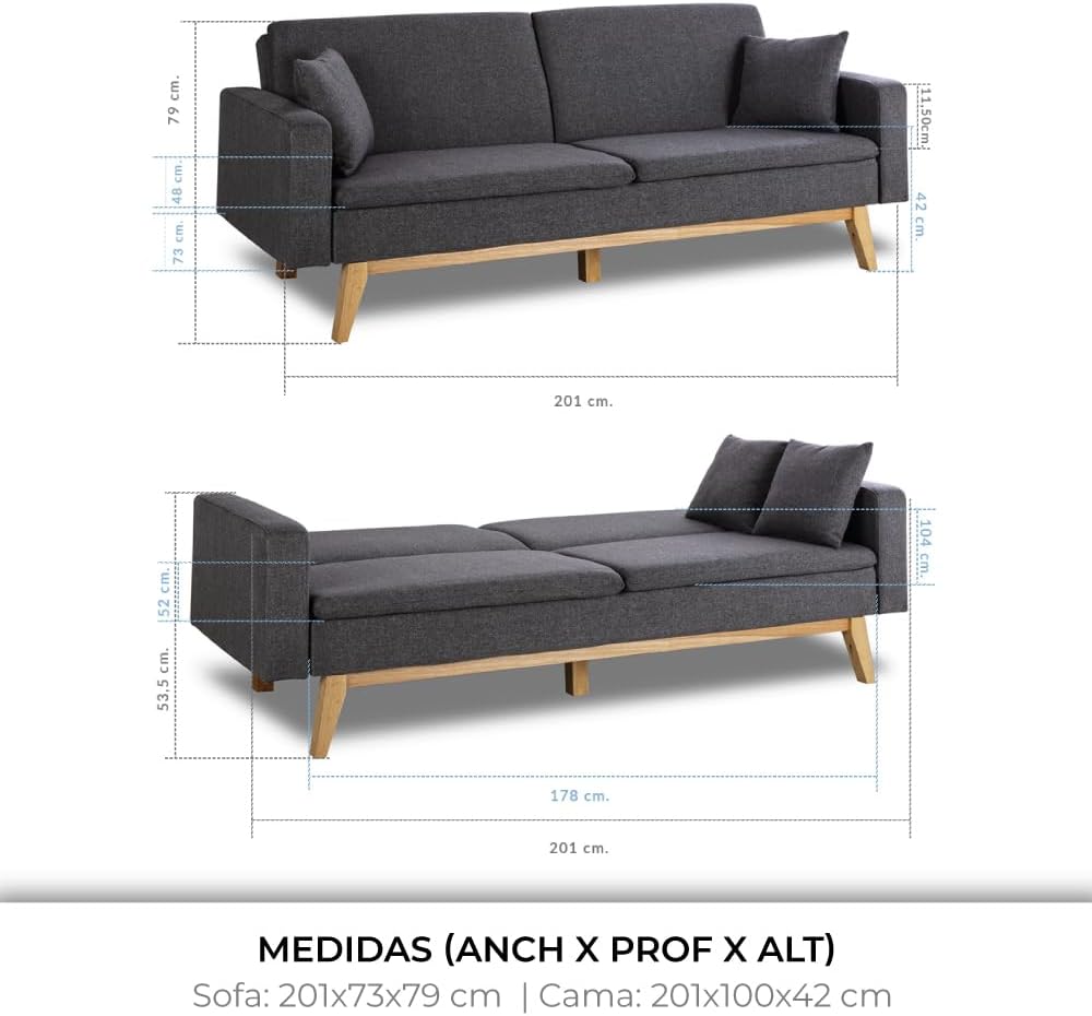 Don Descanso, Sofá Cama 3 plazas Reine, Tapizado en Tela, Sistema Apertura de Libro o Clic-clac, Medida sofá: 201x73x79 cm, Medida Cama: 201x99x42 cm, Incluye 2 Cojines, Gris Claro
