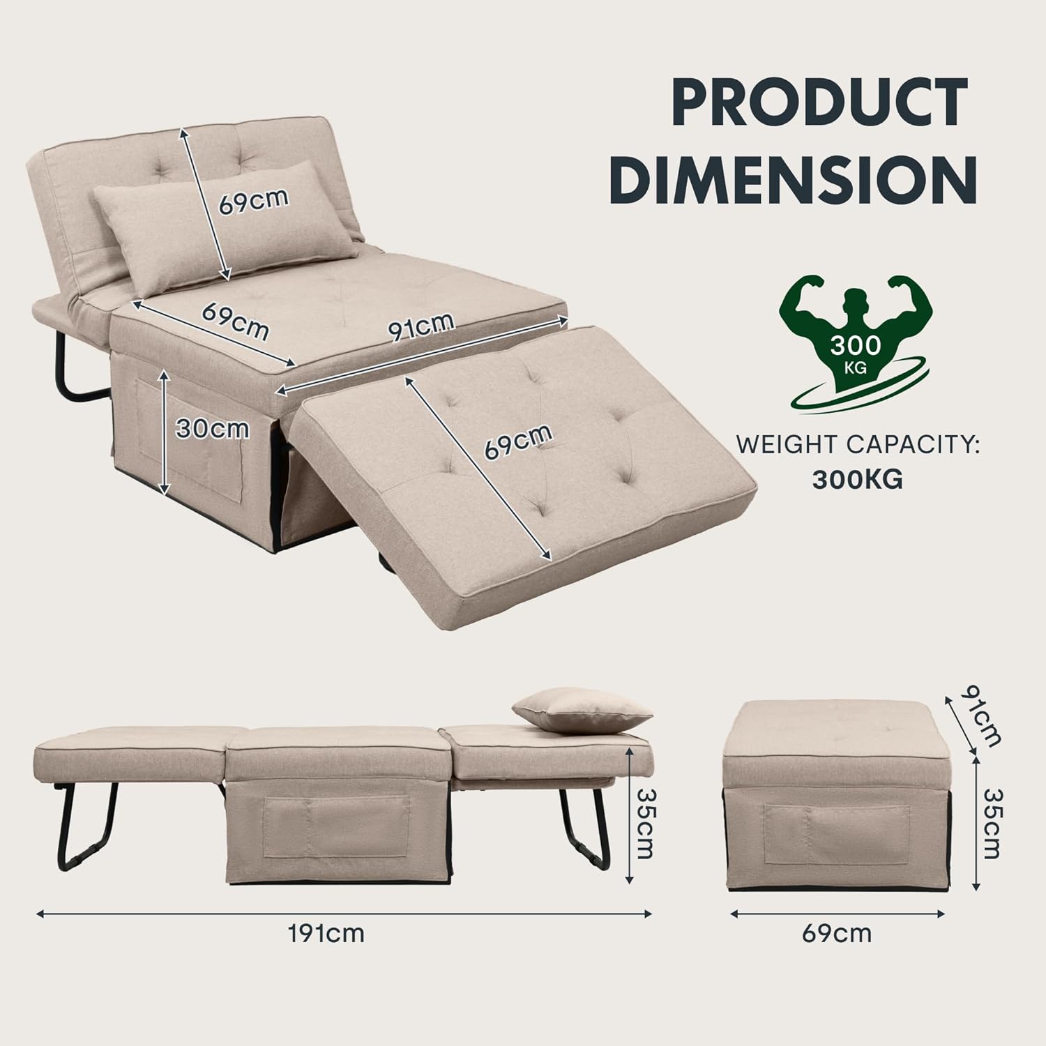 FLEXISPOT Sofa Bed Extendable Folding Sleeping Chair with Bed Function, Chair Beds with Function, Convertible Bed Chair, Load Capacity 300 kg, Grey