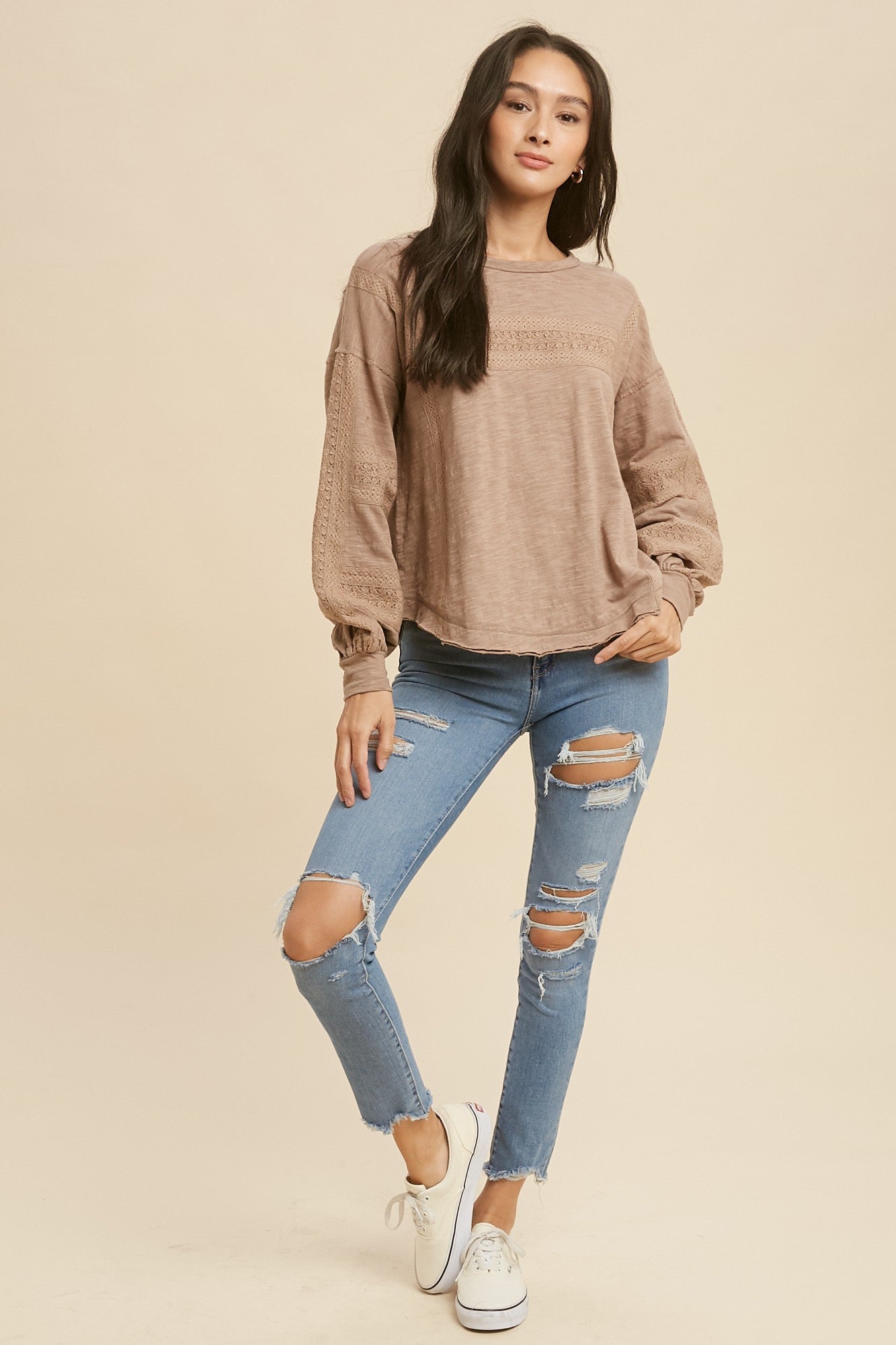 Taupe Lace Inset Long Sleeve Top