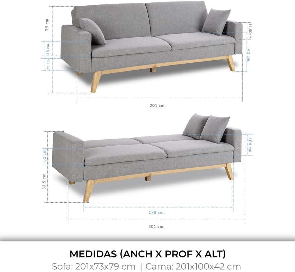 Don Descanso, Sofá Cama 3 plazas Reine, Tapizado en Tela, Sistema Apertura de Libro o Clic-clac, Medida sofá: 201x73x79 cm, Medida Cama: 201x99x42 cm, Incluye 2 Cojines, Gris Claro