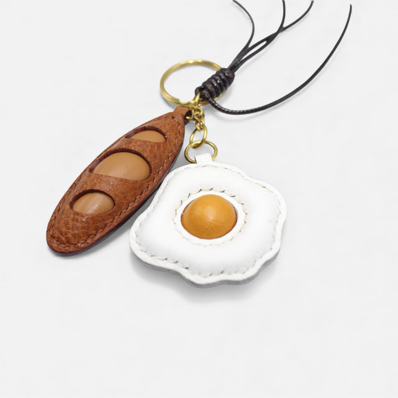 Egg and Bread Bag Charm - Handmade Full-Grain Leather