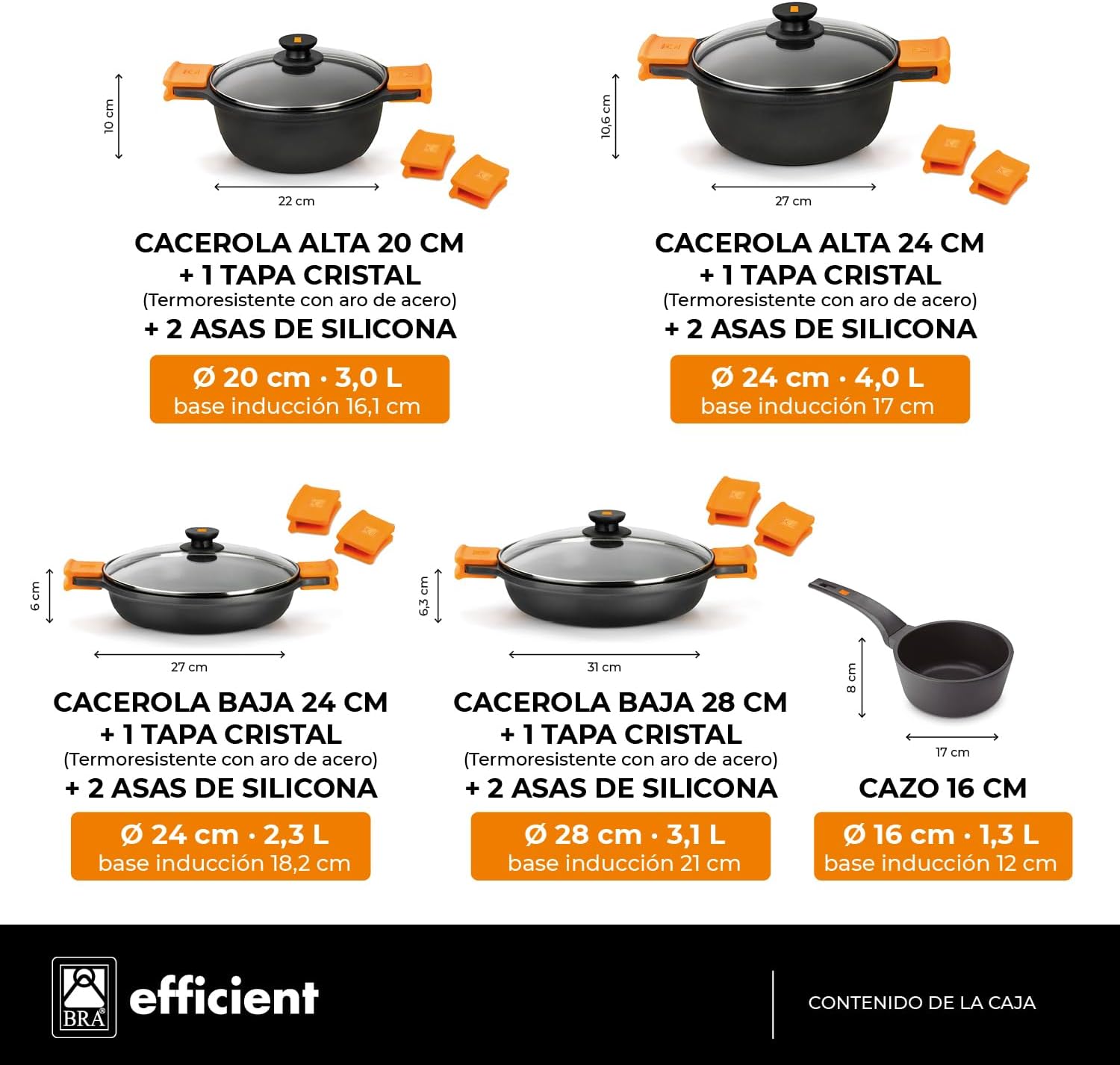 BRA Efficient 9-Piece Non-Stick Cast Aluminium Battery, Suitable for All Types of Cookers and Induction (Contains 4 Saucepans and 1 Saucepan + 4 Lids)