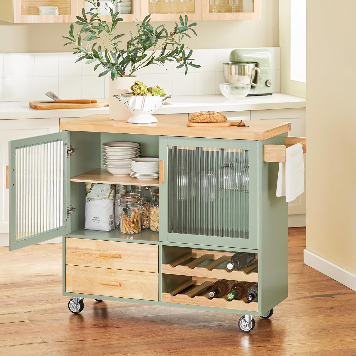 SoBuy FSB81-GR Kitchen Sideboard for Microwave Buffet for Dining Room Entrance Living Room with 2 Doors 2 Drawers and 1 Open Compartment Green 120 x 40 x 90 cm ES