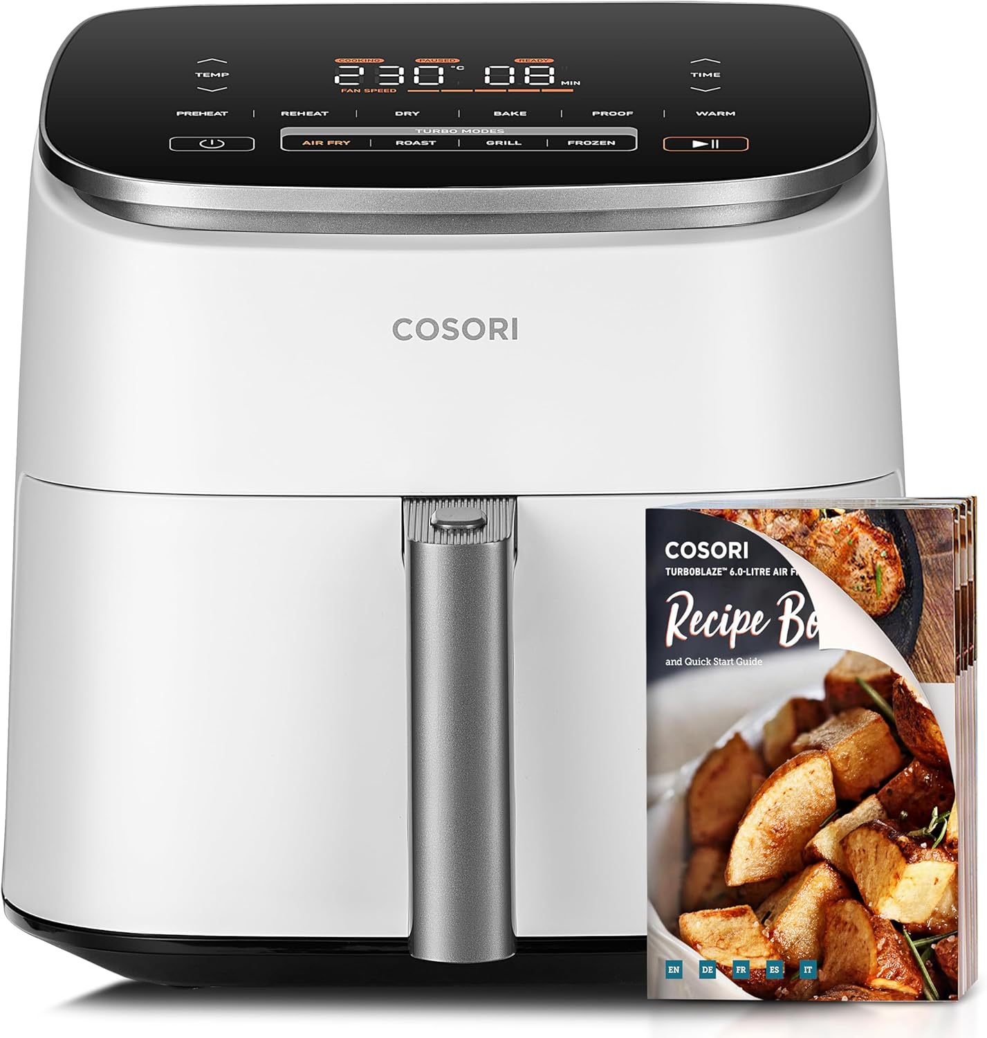 Cosori Turbo Blaze Freidora de Aire 6L, Interior Metálico Real, Motor DC Exclusivo, 46% Más Rápida, Temperatura 30°C a 230°C, Ideal para Asar Carnes, Programas Completo de Cocina, Silenciosa 27dB