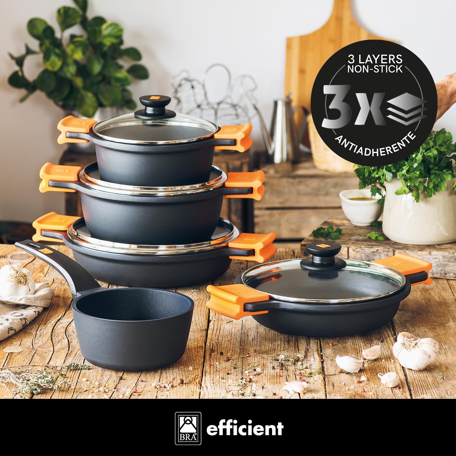 BRA Efficient 9-Piece Non-Stick Cast Aluminium Battery, Suitable for All Types of Cookers and Induction (Contains 4 Saucepans and 1 Saucepan + 4 Lids)