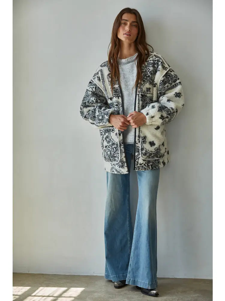 Fleece Sherpa Paisley Print Jacket