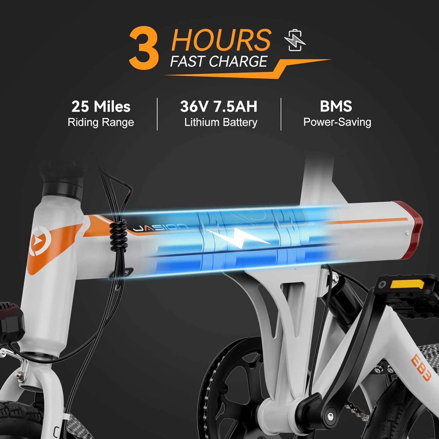 Jasion EB3 Bicicleta Eléctrica para Adultos – 21 mph, Motor Pico de 500W, Batería de 270Wh, Suspensión Trasera, 3 Niveles de Asistencia, Ebike Plegable de 14″ para Adultos y Adolescentes – Cumple con UL2849