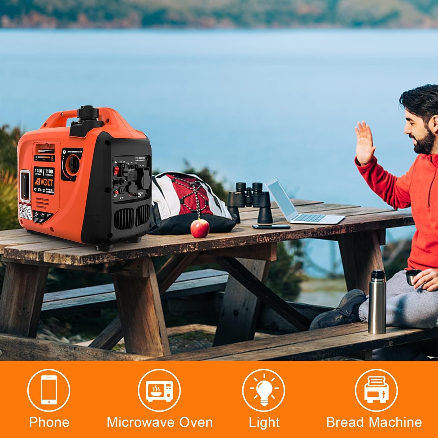 AIVOLT Silent Gasoline Inverter Generator 1400W with Outputs AC 230V/DC 12V/USB Type-A and Tank 2.5L - Portable for Outdoor Camping