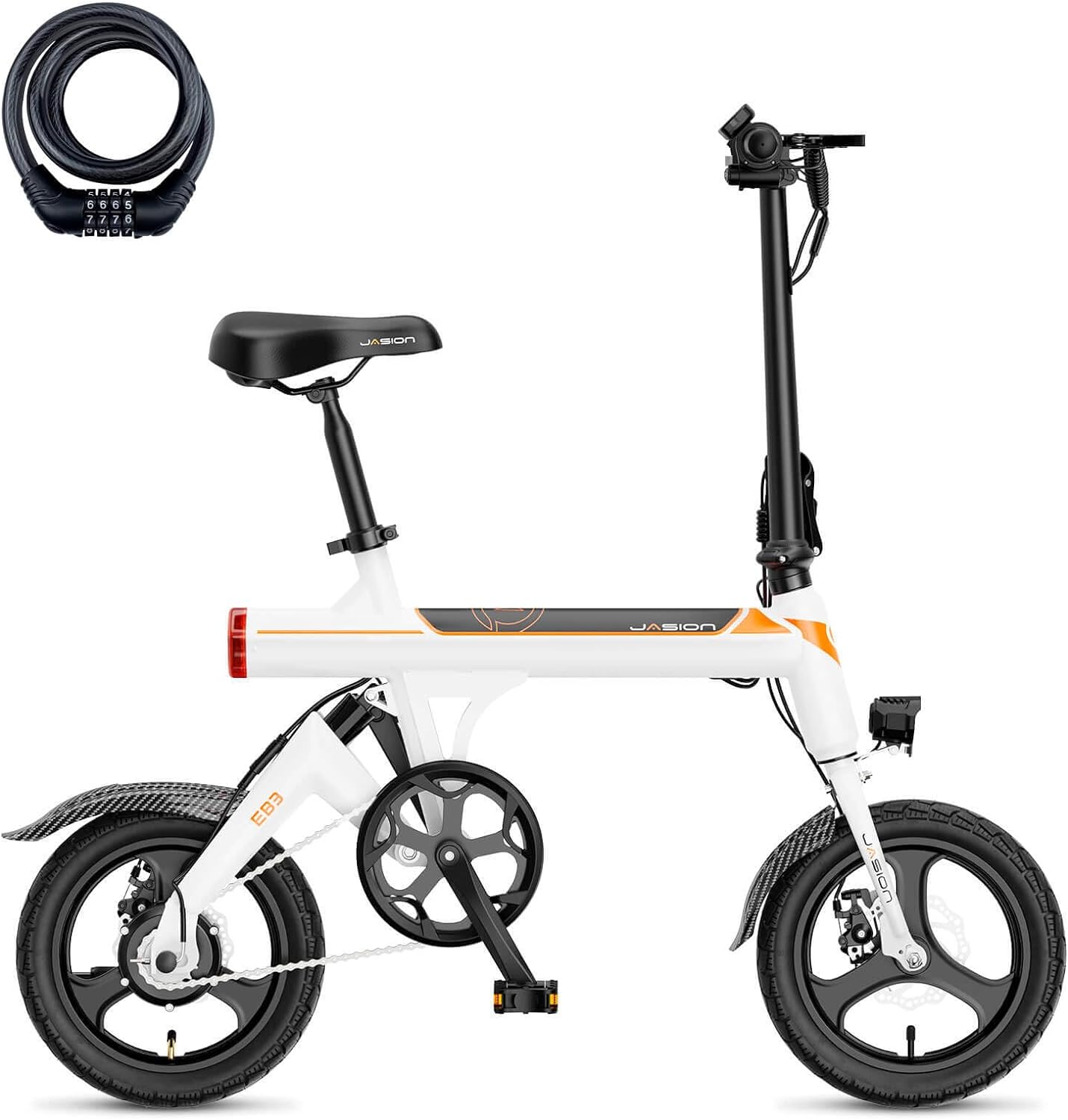 Jasion EB3 Bicicleta Eléctrica para Adultos – 21 mph, Motor Pico de 500W, Batería de 270Wh, Suspensión Trasera, 3 Niveles de Asistencia, Ebike Plegable de 14″ para Adultos y Adolescentes – Cumple con UL2849