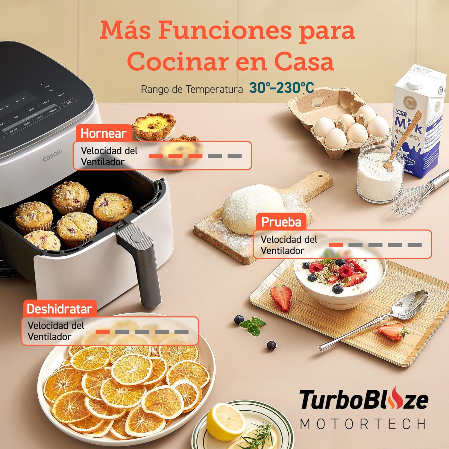 Cosori Turbo Blaze Freidora de Aire 6L, Interior Metálico Real, Motor DC Exclusivo, 46% Más Rápida, Temperatura 30°C a 230°C, Ideal para Asar Carnes, Programas Completo de Cocina, Silenciosa 27dB