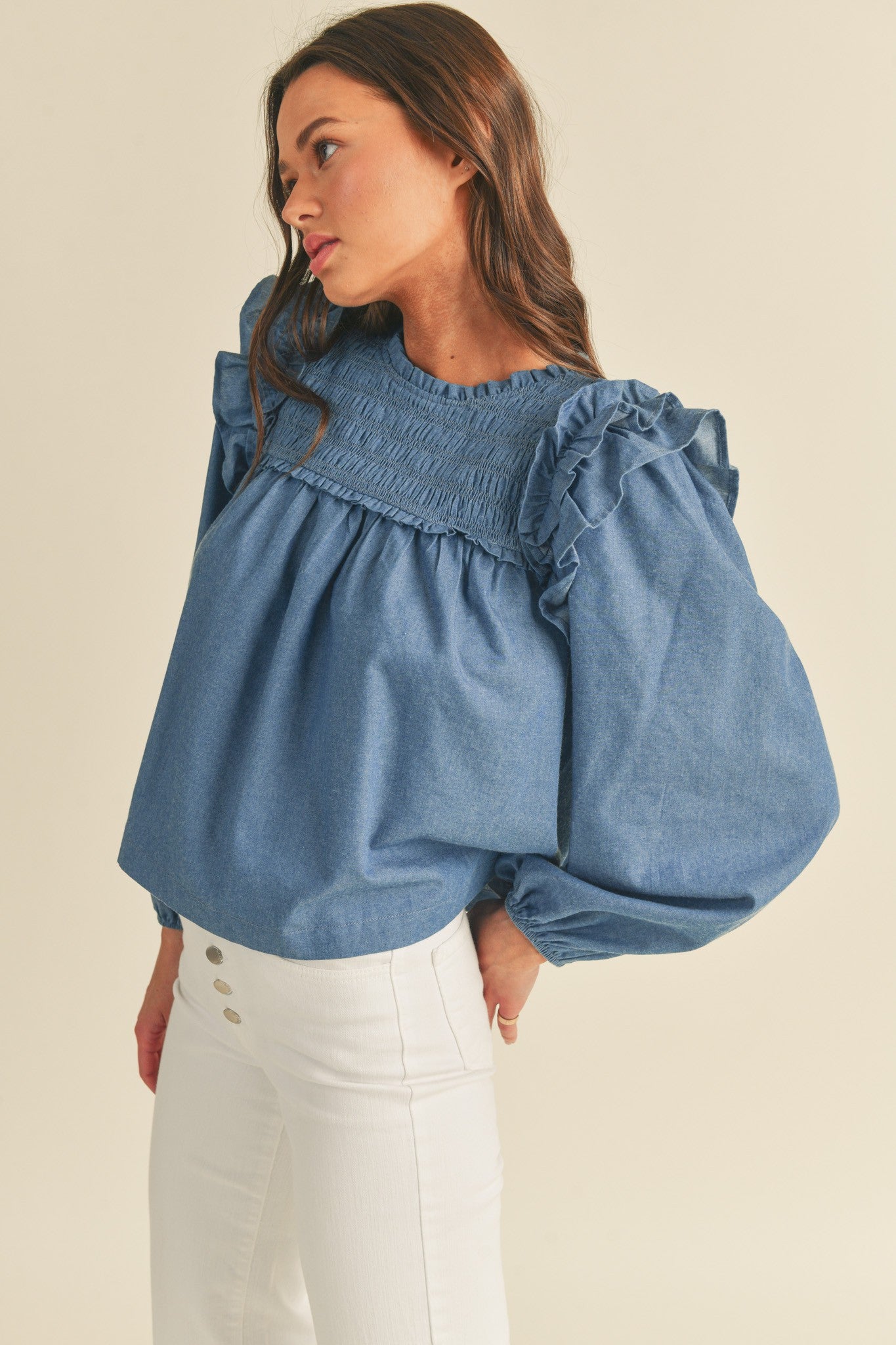 Smocking Yoke Flutter Long Sleeve - Blue Denim
