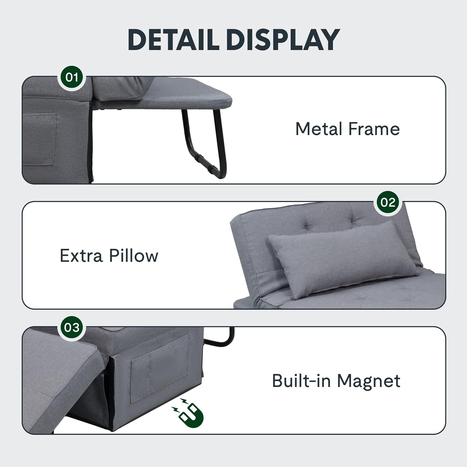 FLEXISPOT Sofa Bed Extendable Folding Sleeping Chair with Bed Function, Chair Beds with Function, Convertible Bed Chair, Load Capacity 300 kg, Grey