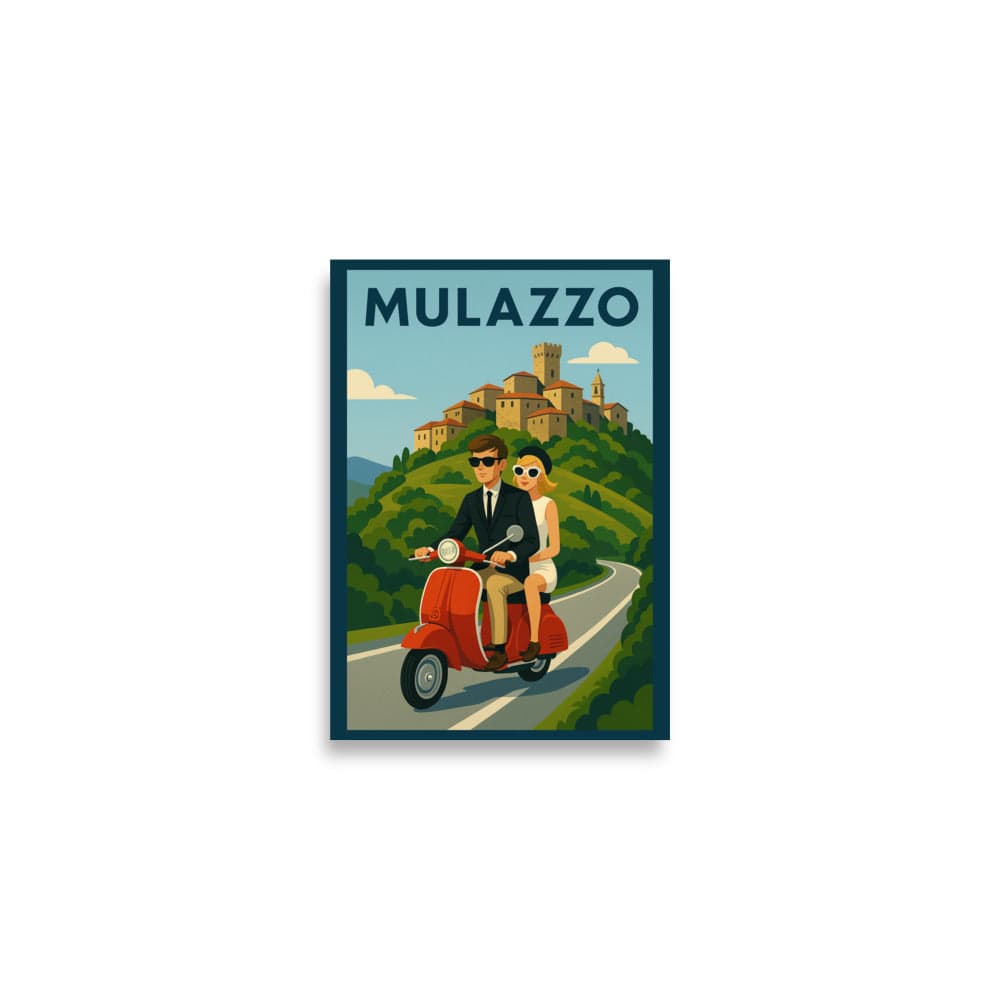 Vintage Travel Poster - Mulazzo, Italy - Couple on Vespa