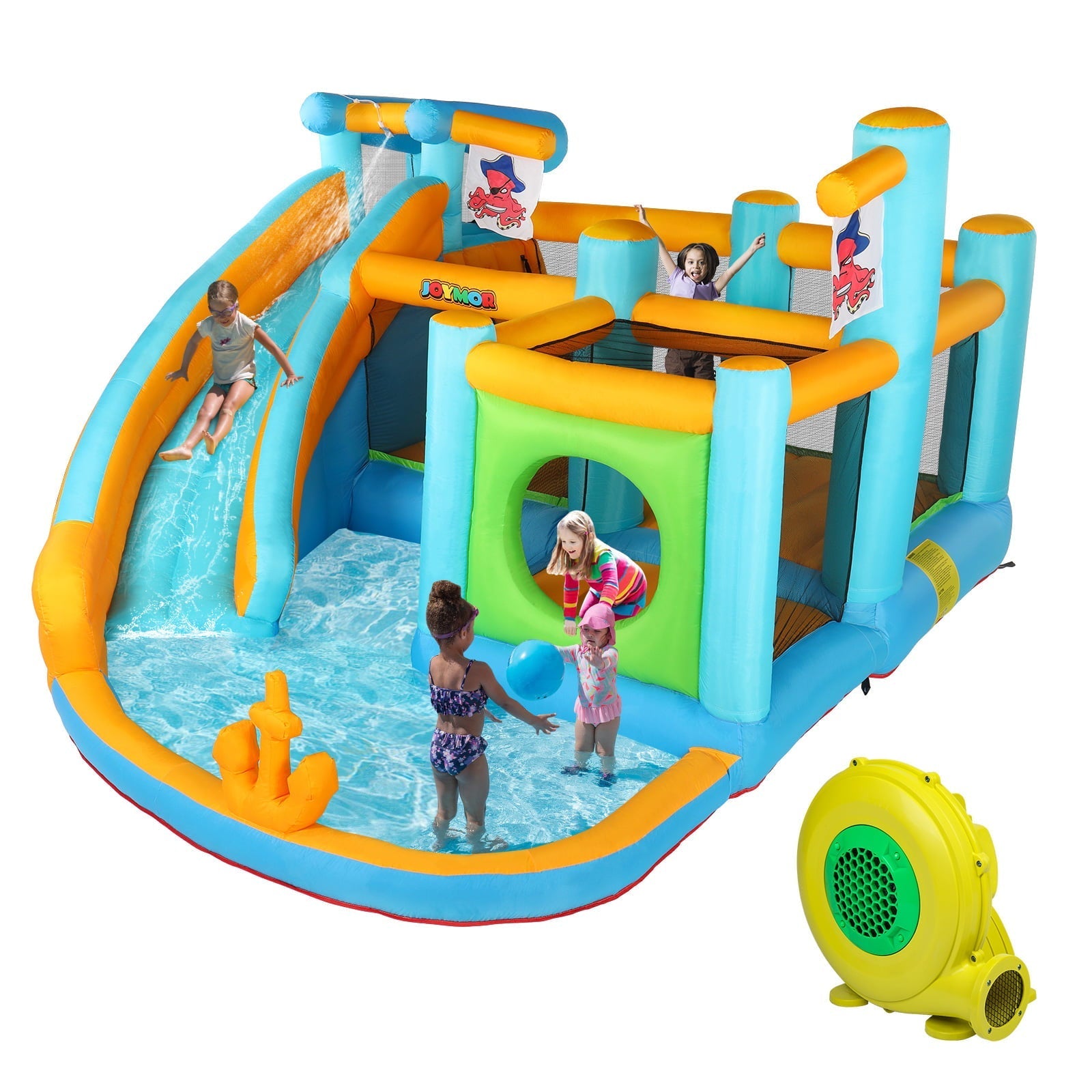 JOYMOR Parque Acuático Inflable con Tobogán – Casa Saltarina Temática de Piratas con Curso de Obstáculos, Cañón de Agua, Piscina de Chapoteo y Castillo Inflable para Exterior – Para Niños de 3 a 12 Años (Incluye Soplador)