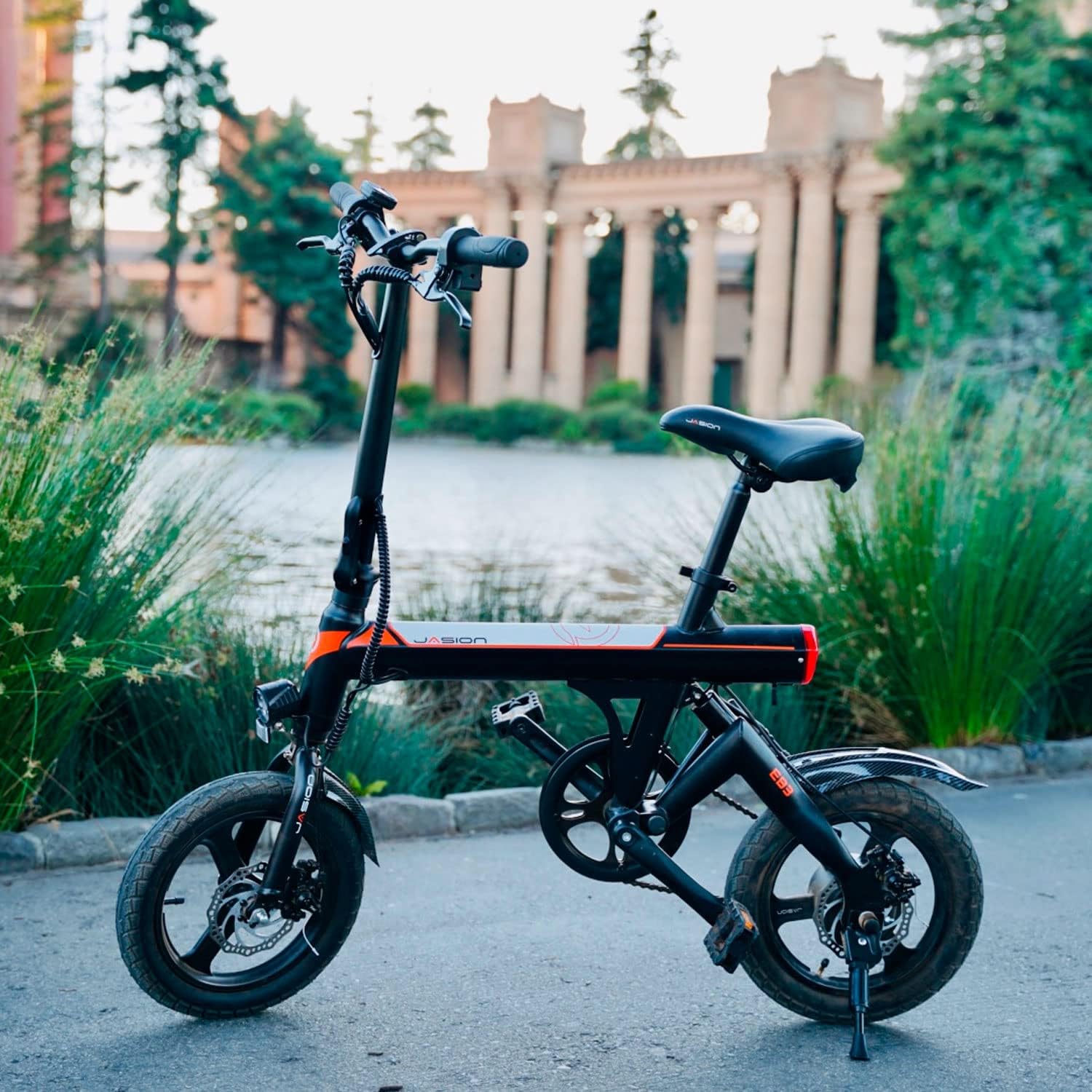 Jasion EB3 Bicicleta Eléctrica para Adultos – 21 mph, Motor Pico de 500W, Batería de 270Wh, Suspensión Trasera, 3 Niveles de Asistencia, Ebike Plegable de 14″ para Adultos y Adolescentes – Cumple con UL2849