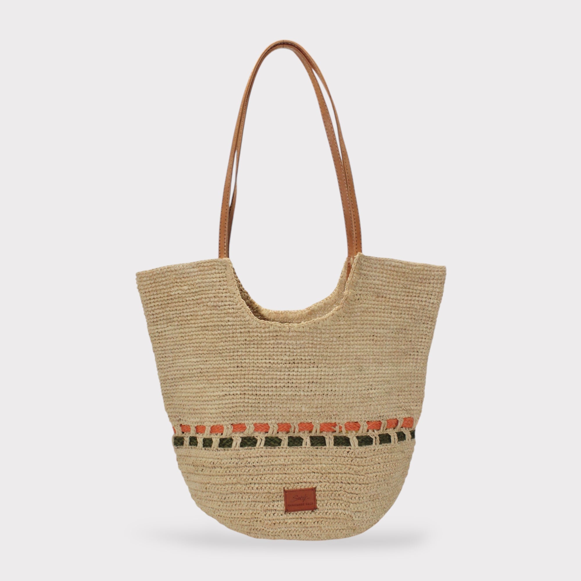 Zola - Handmade Natural Raffia Tote Bag - Pastel Green and Amber