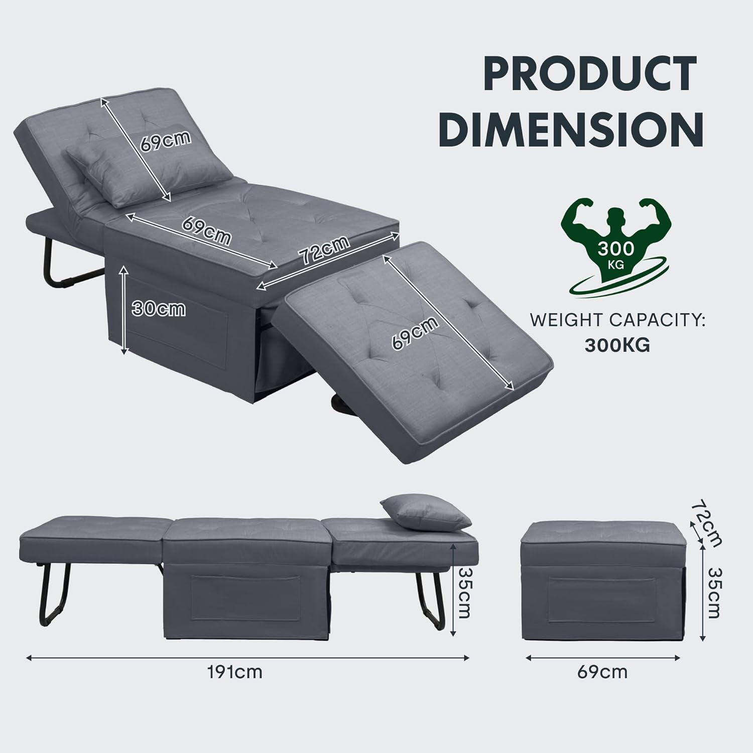 FLEXISPOT Sofa Bed Extendable Folding Sleeping Chair with Bed Function, Chair Beds with Function, Convertible Bed Chair, Load Capacity 300 kg, Grey