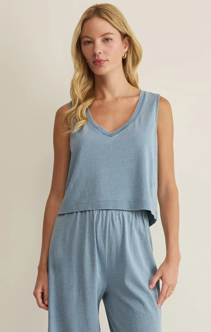 Sloane V-Neck Jersey Denim Tank- Ocean Air Indigo
