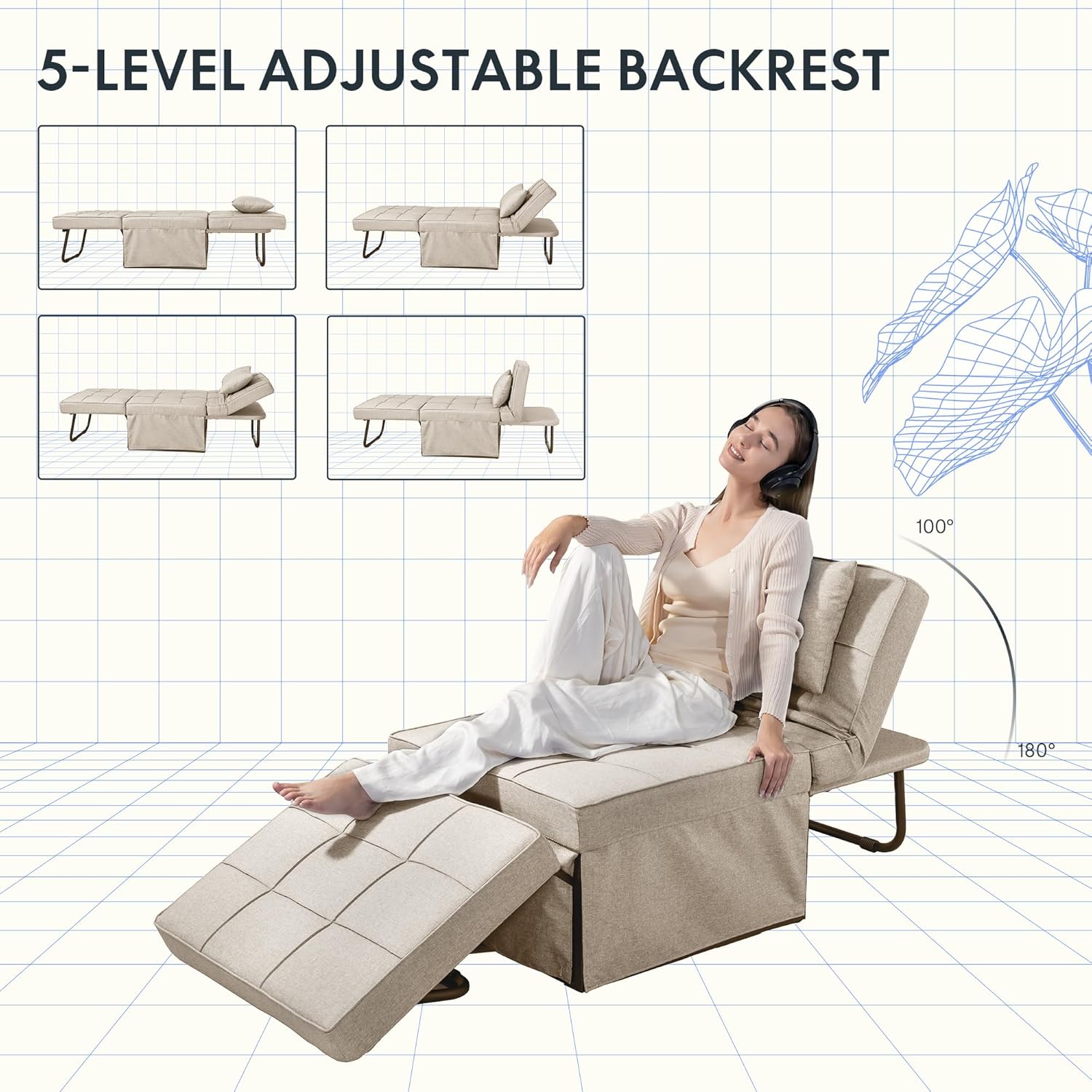 FLEXISPOT Sofa Bed Extendable Folding Sleeping Chair with Bed Function, Chair Beds with Function, Convertible Bed Chair, Load Capacity 300 kg, Grey