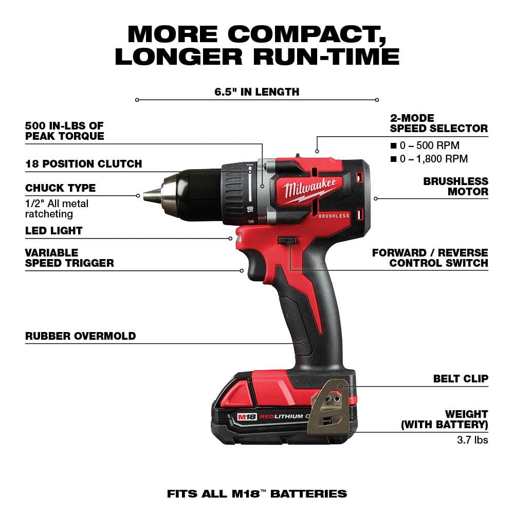 Kit combinado compacto inalámbrico M18 de 18V con motor sin escobillas (2 herramientas) con (2) baterías de 2.0Ah, cargador y bolsa 2892-22CT
