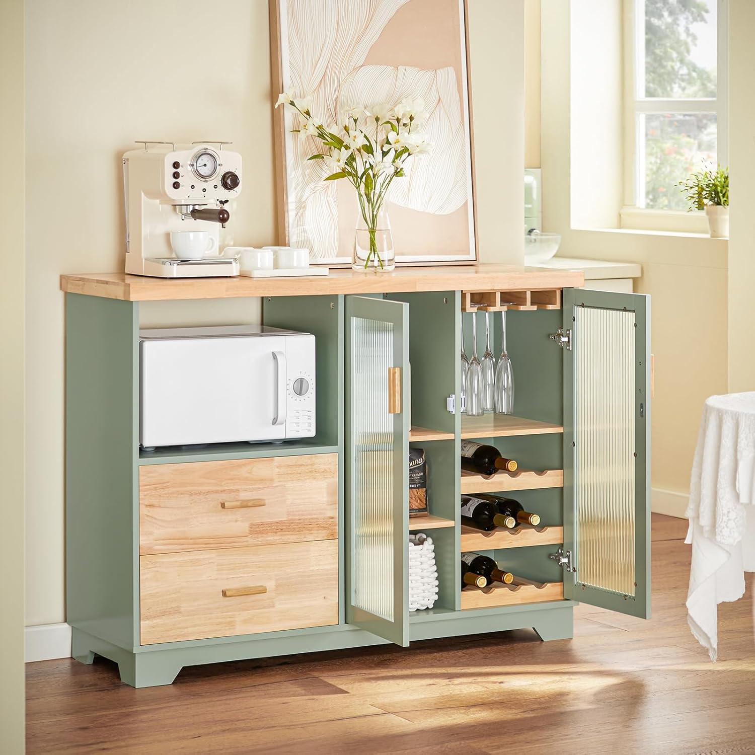 SoBuy FSB81-GR Kitchen Sideboard for Microwave Buffet for Dining Room Entrance Living Room with 2 Doors 2 Drawers and 1 Open Compartment Green 120 x 40 x 90 cm ES