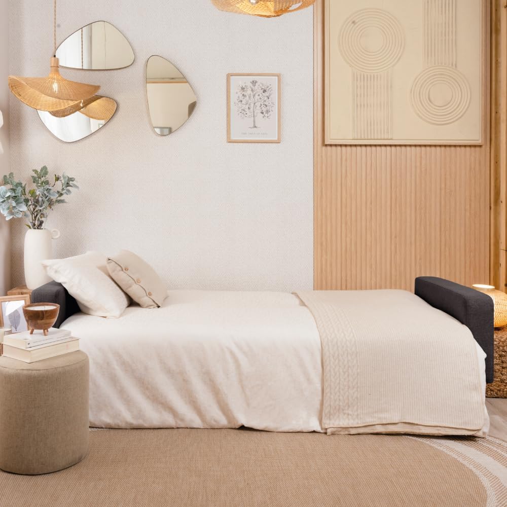 Don Descanso, Sofá Cama 3 plazas Reine, Tapizado en Tela, Sistema Apertura de Libro o Clic-clac, Medida sofá: 201x73x79 cm, Medida Cama: 201x99x42 cm, Incluye 2 Cojines, Gris Claro
