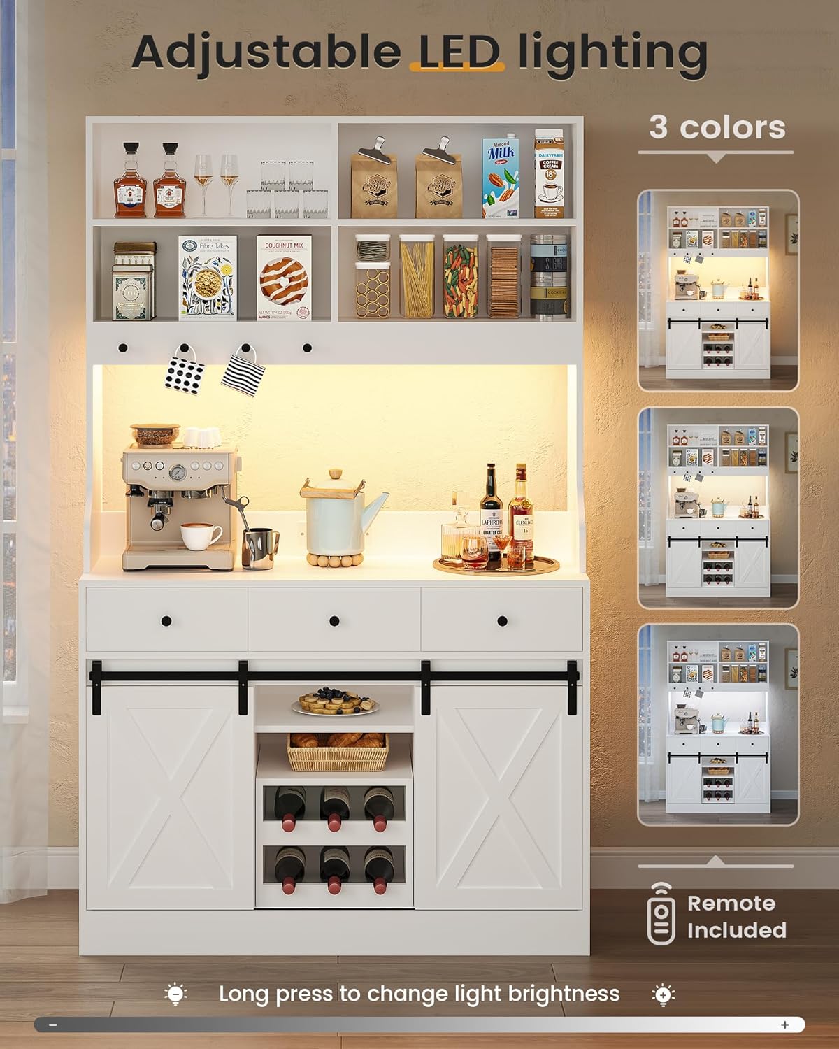 Armario de cocina, Armario Aparador Cocina con LED, Enchufes, Armario Buffet, Estante de vino extraíble, 3 Cajones, Estantes ajustables, Cocina, Sala de estar, Comedor, 103.5*40*180 cm, Negro