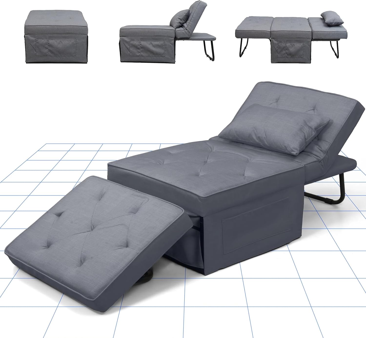 FLEXISPOT Sofa Bed Extendable Folding Sleeping Chair with Bed Function, Chair Beds with Function, Convertible Bed Chair, Load Capacity 300 kg, Grey