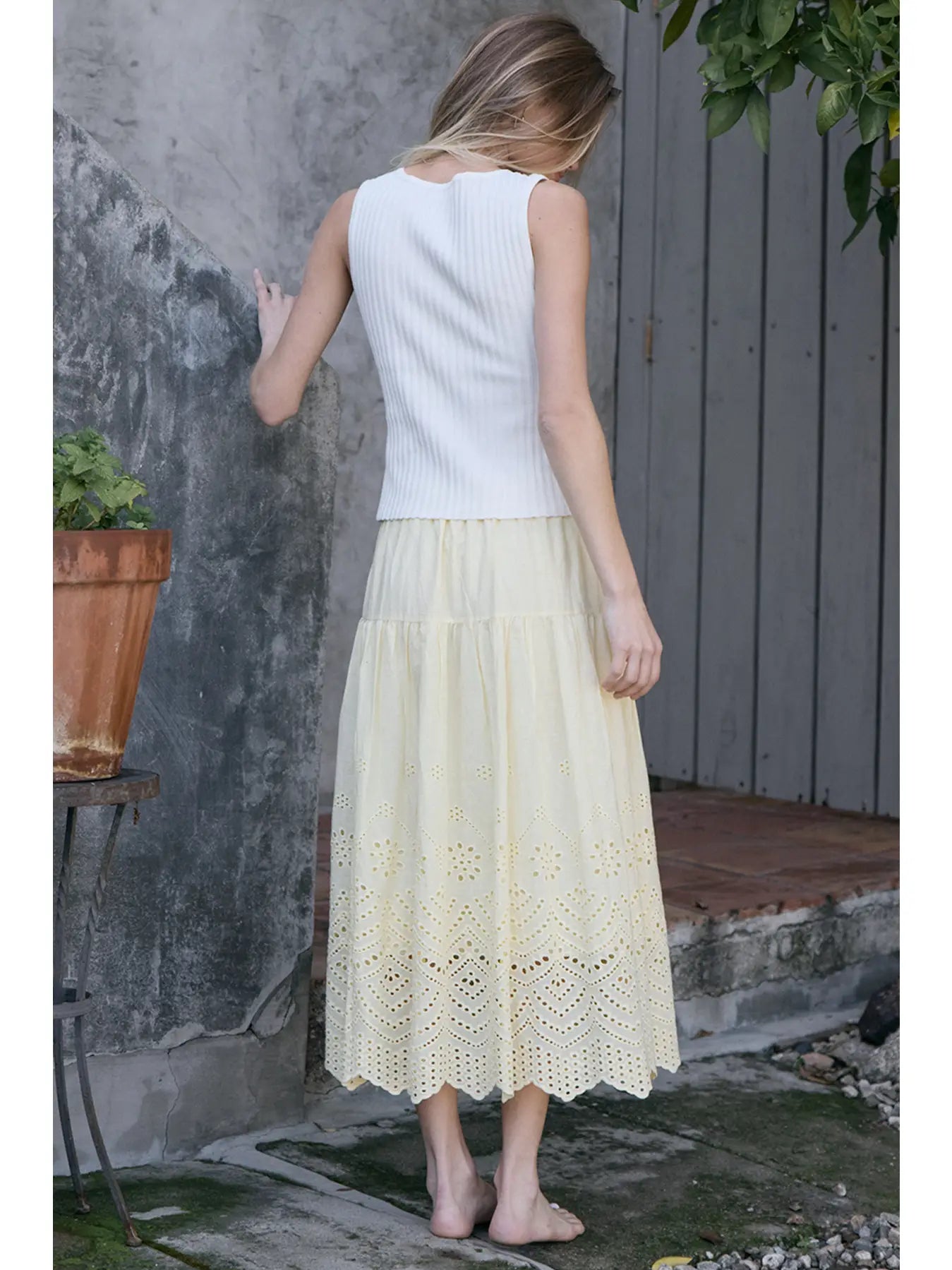 Tiered Embroidered Eyelet Midi Skirt- Butter