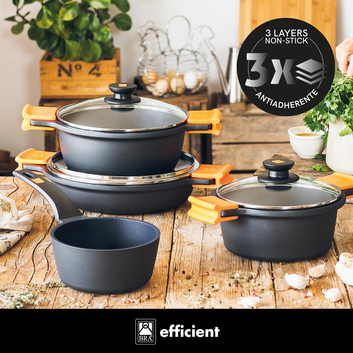 BRA Efficient 9-Piece Non-Stick Cast Aluminium Battery, Suitable for All Types of Cookers and Induction (Contains 4 Saucepans and 1 Saucepan + 4 Lids)